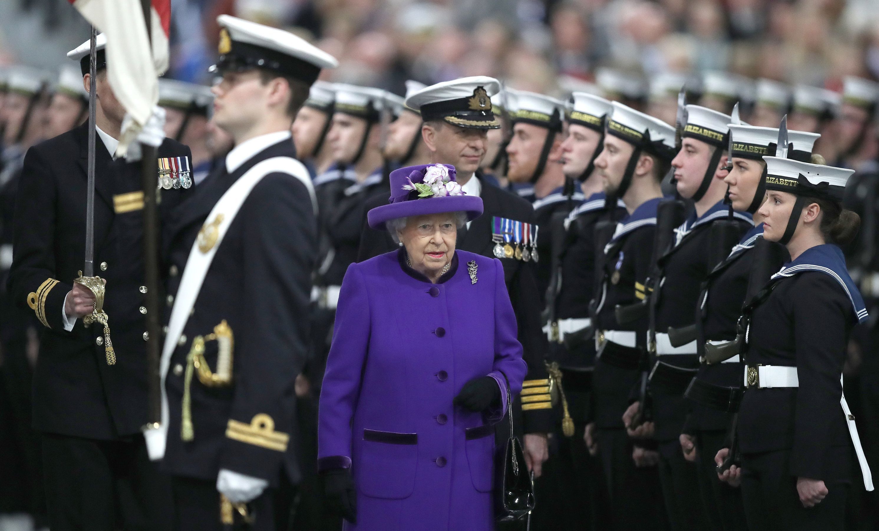Queen Elizabeth II arrives for the commissioning ceremony of Britain's biggest and most powerful warship HMS Queen Elizabeth (Andrew Matthews/PA Wire)
