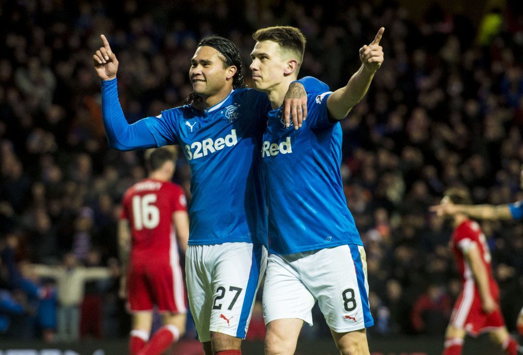 Rangers' Carlos Pena (L) celebrates his goal against Aberdeen with teammate Ryan Jack (SNS Group / Alan Harvey)