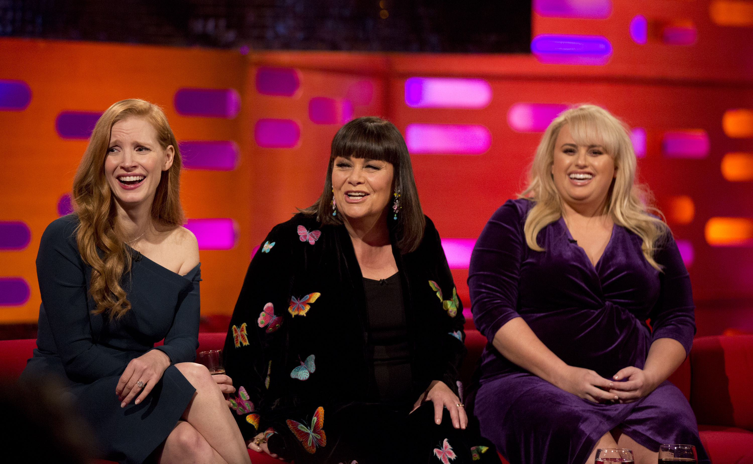 Jessica Chastain, Dawn French and Rebel Wilson during filming of the Graham Norton Show (Isabel Infantes/PA)