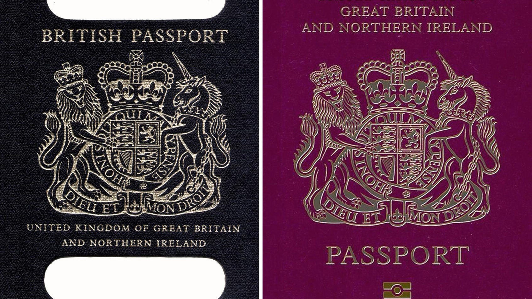 An old British passport (left) and a burgundy UK passport (PA)