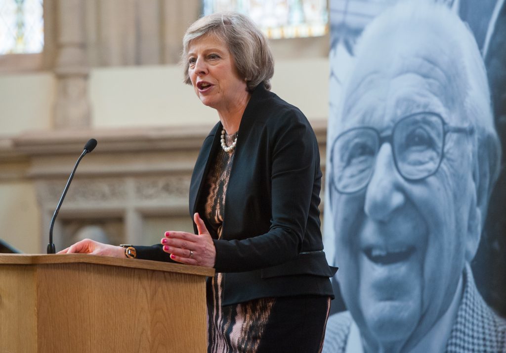 Then Home Secretary Theresa May speaks at the memorial service for Sir Nicholas Winton (PA)