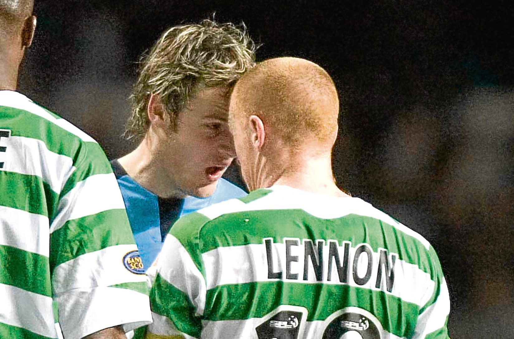 Anthony Stokes (left) and Celtic skipper Neil Lennon square up prior to Lennon's red card (SNS Group)