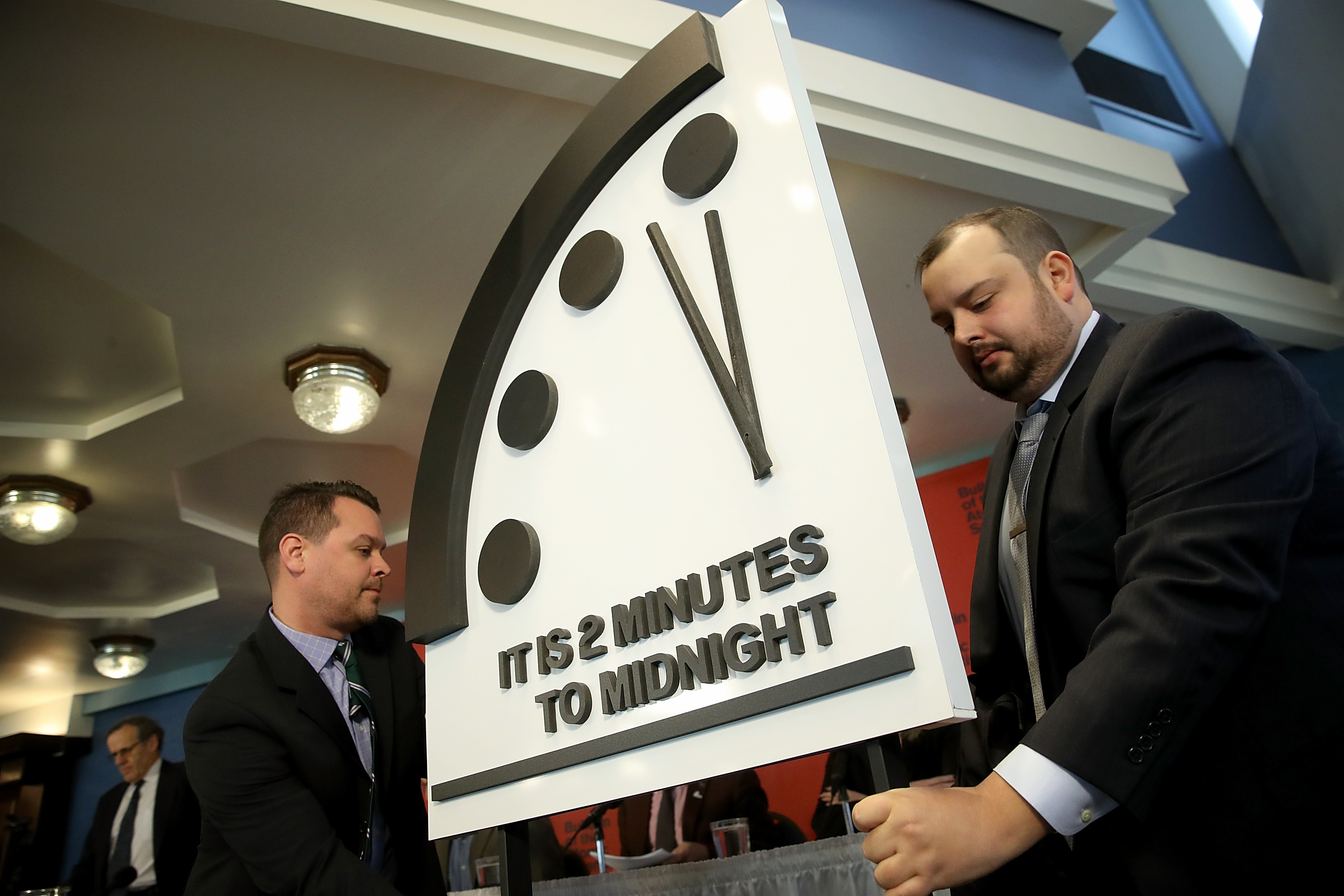 The Bulletin of the Atomic Scientists unveil the 2018 "Doomsday Clock" (Win McNamee/Getty Images)