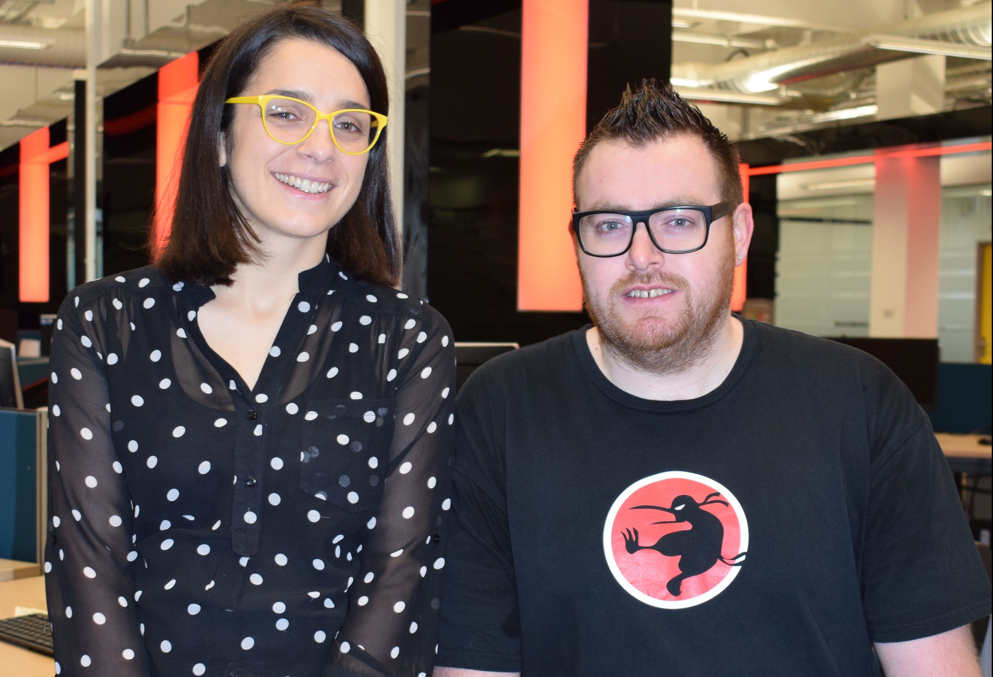 Abertay Computer Arts lecturer Lynn Parker in the University's Centre for Excellence with David Hamilton, Executive Vice President of Ninja Kiwi Europe