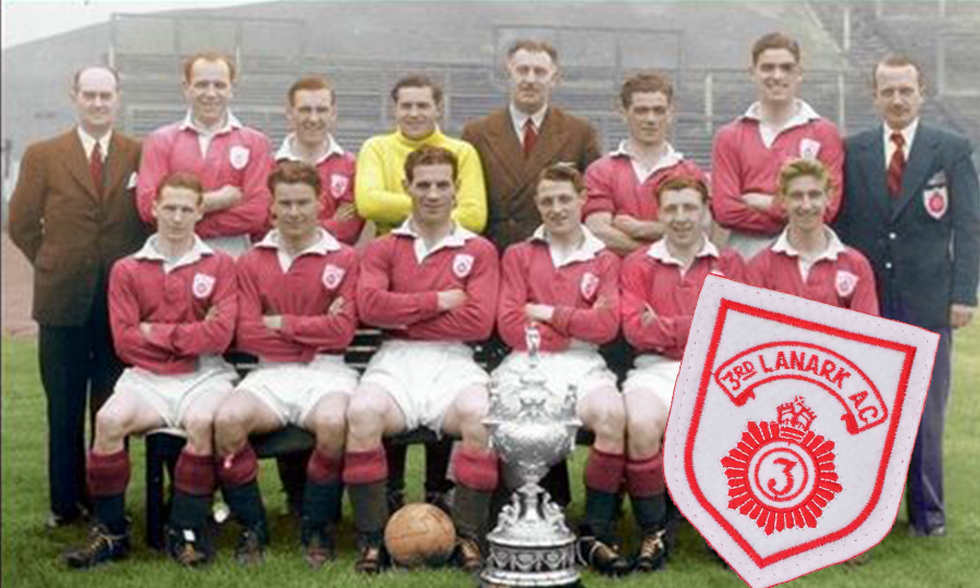 Third Lanark players and officials with the Glasgow Charity Cup in 1954, after a 1-0 defeat of Rangers