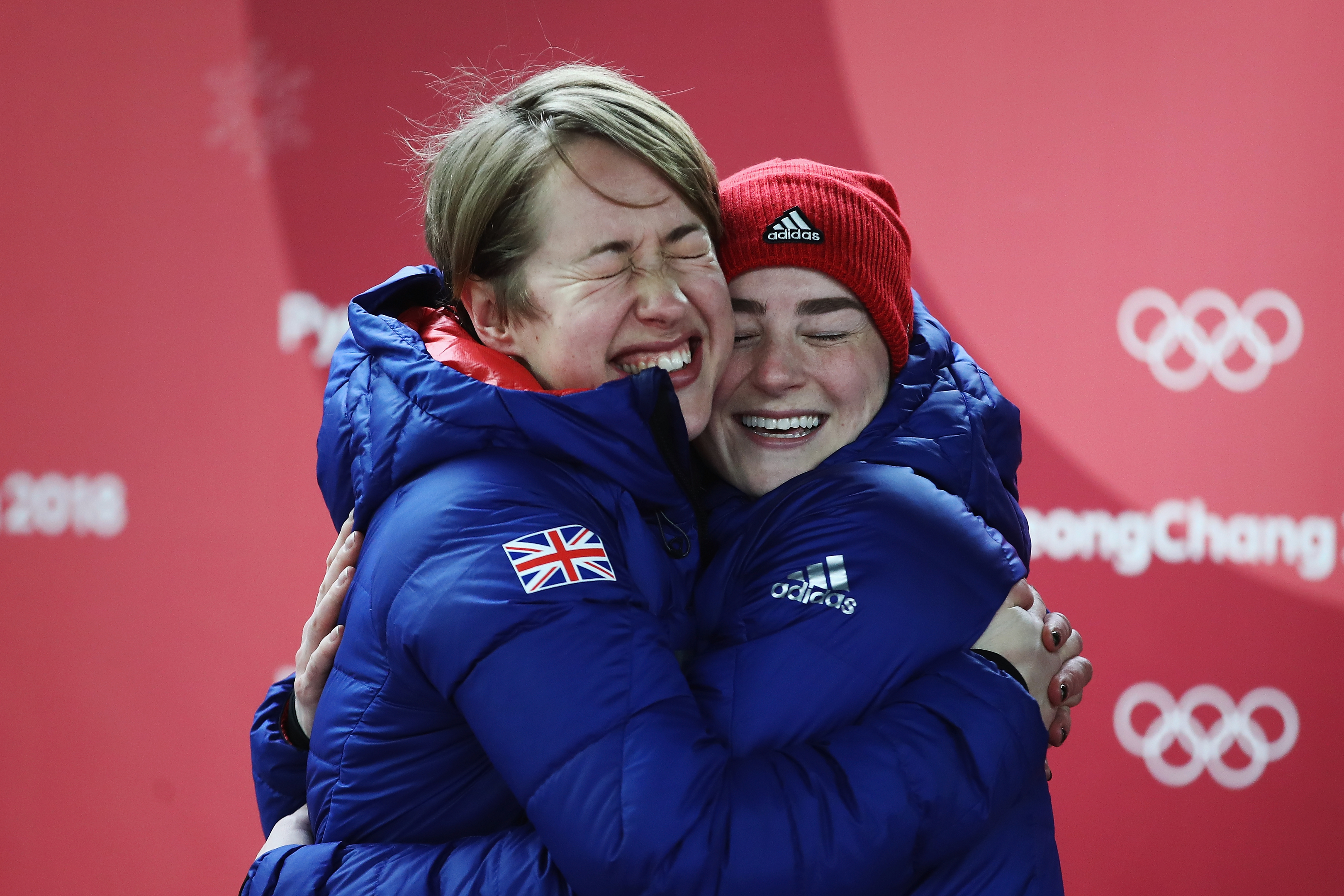Gold medal winner Lizzy Yarnold of Great Britain and bronze medalist Laura Deas of Great Britain celebrate following the Women's Skeleton on day eight of the PyeongChang 2018 Winter Olympic Games at Olympic Sliding Centre (Clive Mason/Getty Images)