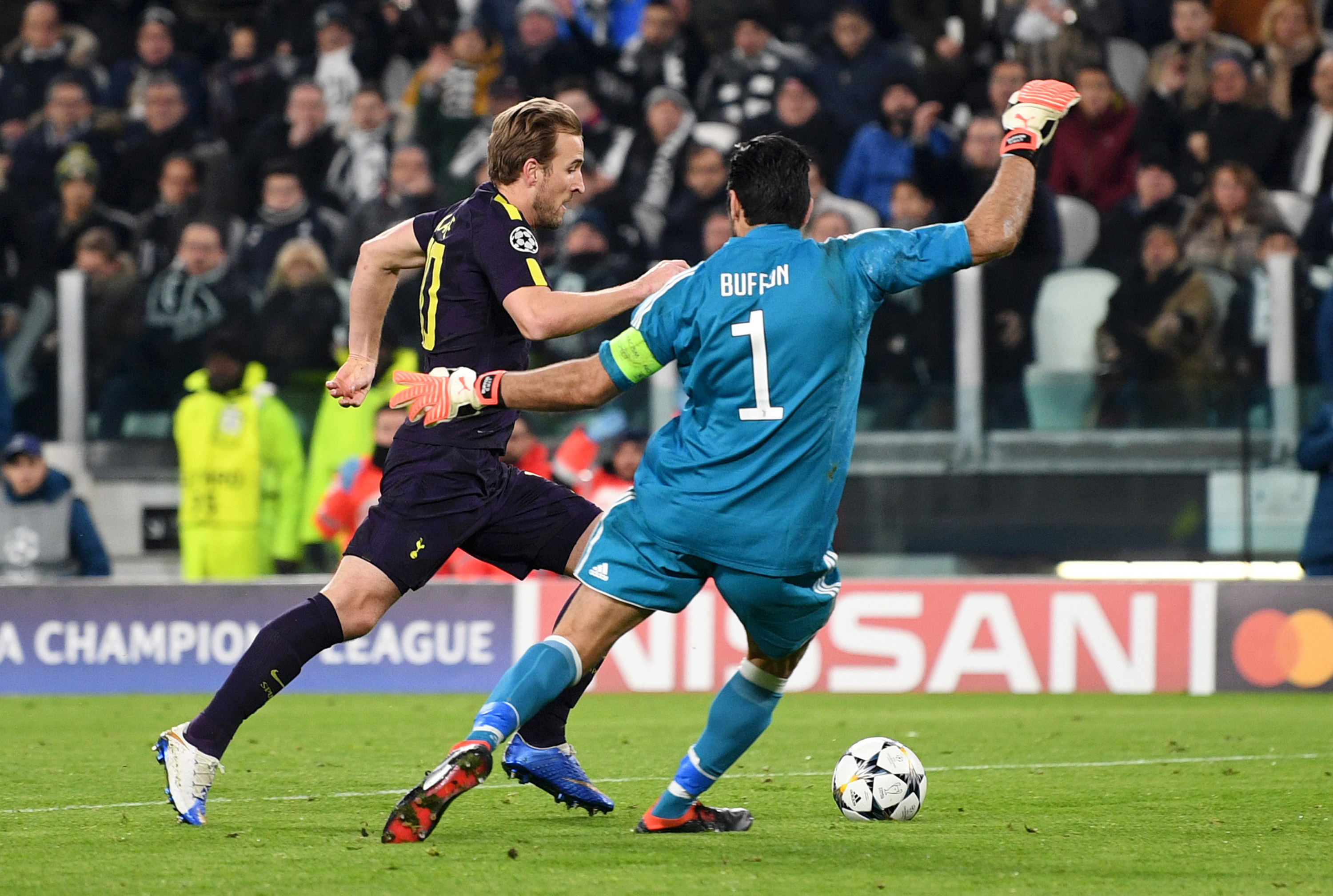 Harry Kane of Tottenham Hotspur scores his sides first goal past Gianluigi Buffon of Juventus during the UEFA Champions League (Michael Regan/Getty Images)