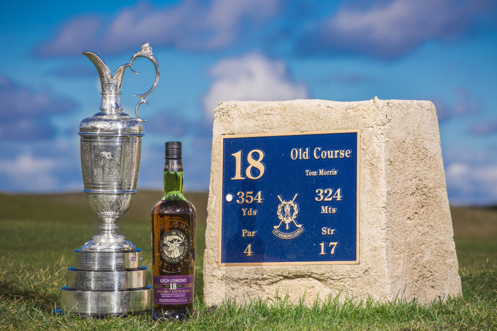 4.The Claret Jug and the Loch Lomond 18 Year Old Single Malt Scotch Whisky, photographed at the 18th tee at St Andrews as part of the partnership between Loch Lomond Group and The Open