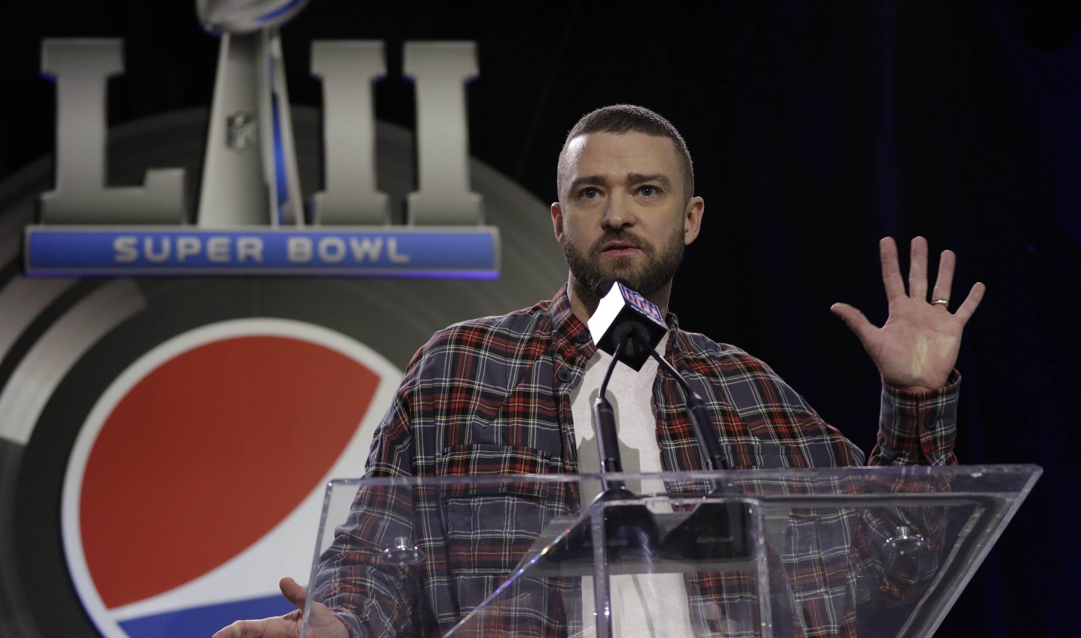 Justin Timberlake during a news conference for halftime show (AP Photo/Matt Slocum)