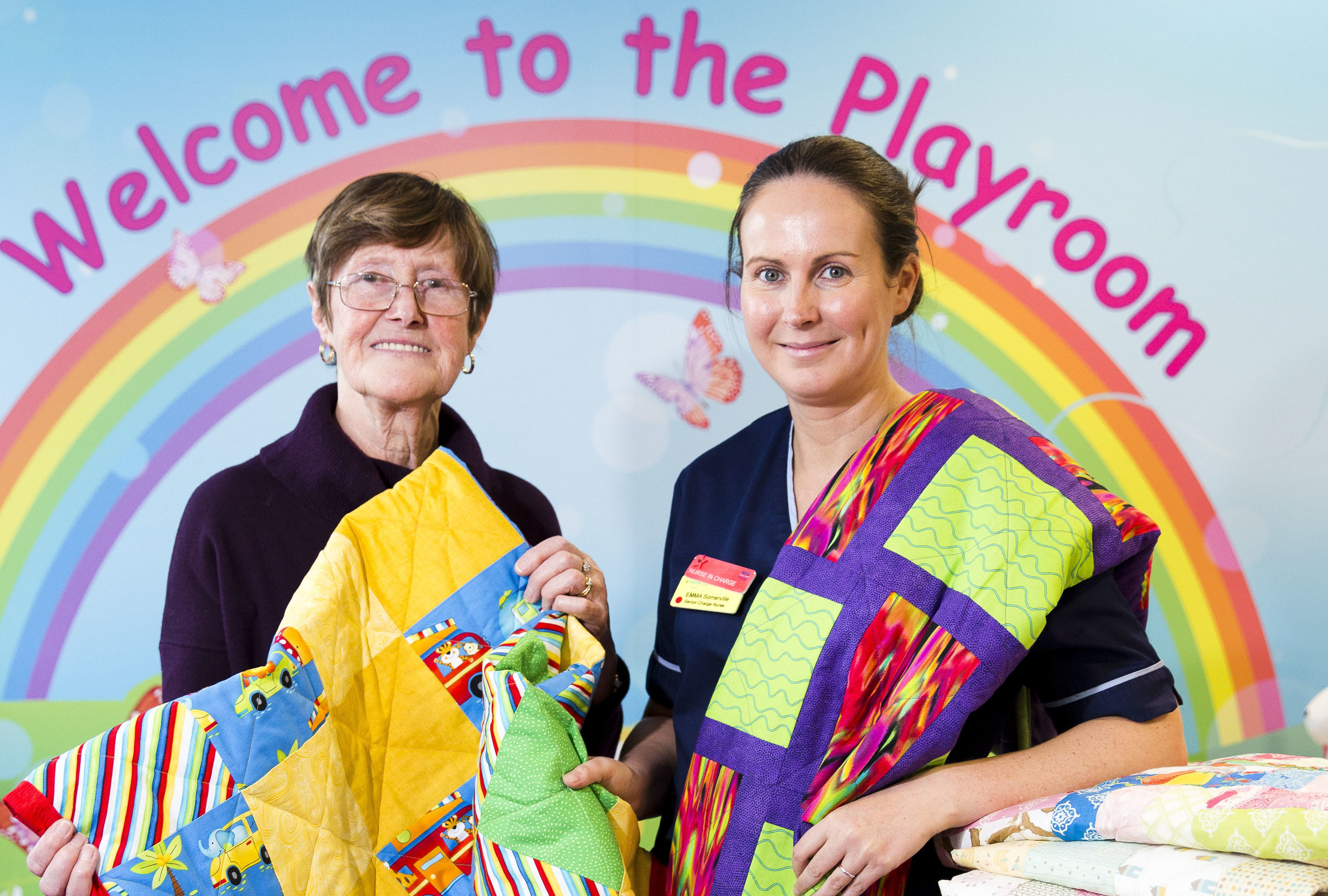 Catherine Waterson and others have been making quilts for the children on the cancer ward Schiehallion at Yorkhill the Royal Hospital for Sick Children in Glasgow - Catherine left with Emma Summerville (Senior Charge Nurse) (Jamie Williamson)