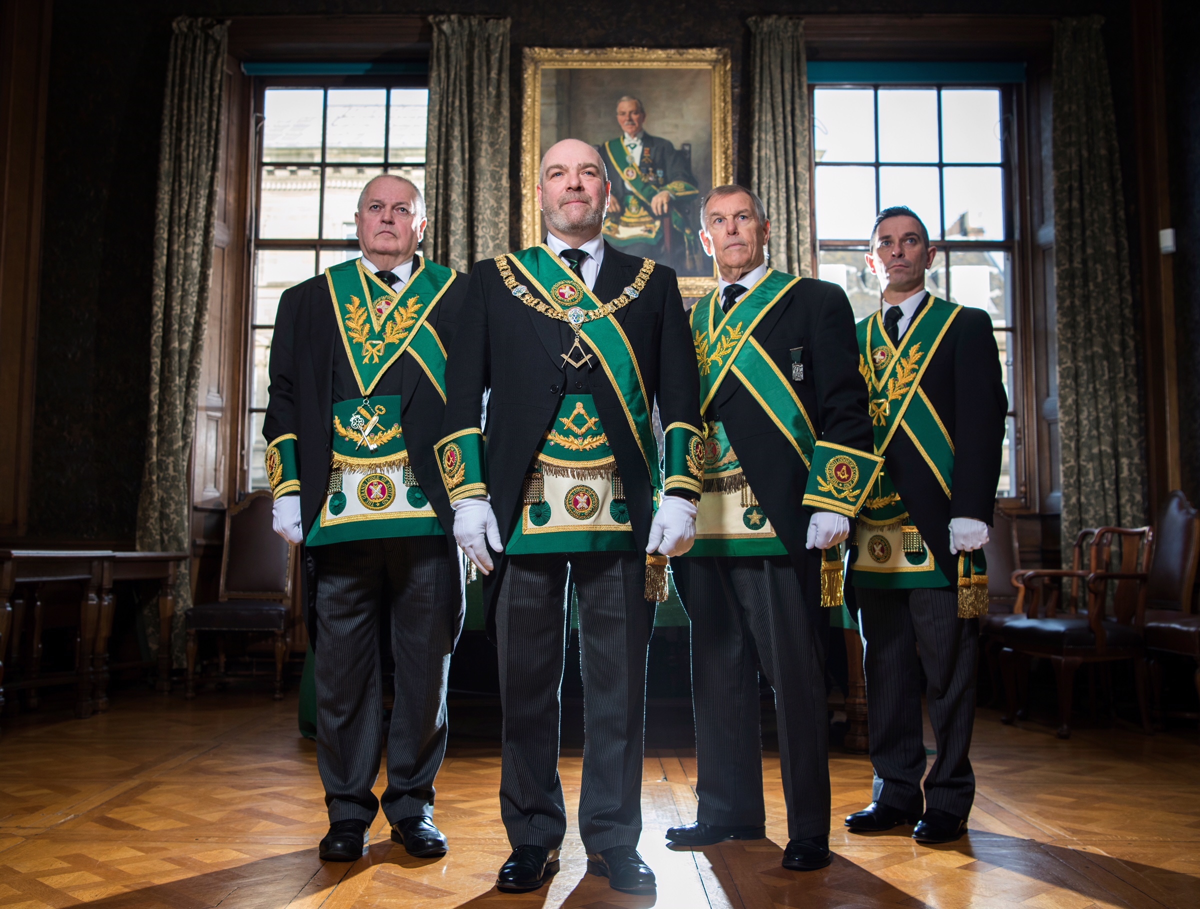 Secrets of the Masons -  Left to right: David Begg, Grand Secretary of the Grand Lodge of Scotland, Ewan Rutherford, Depute Grand Master, Ramsay McGhee, Depute Grand Master at time of filming, Clark Wilson, Grand Tyler  Left to right: David Begg, Grand Secretary of the Grand Lodge of Scotland, Ewan Rutherford, Depute Grand Master, Ramsay McGhee, Depute Grand Master at time of filming, Clark Wilson, Grand Tyler - (BBC Scotland/Matchlight/Graham Hunter)