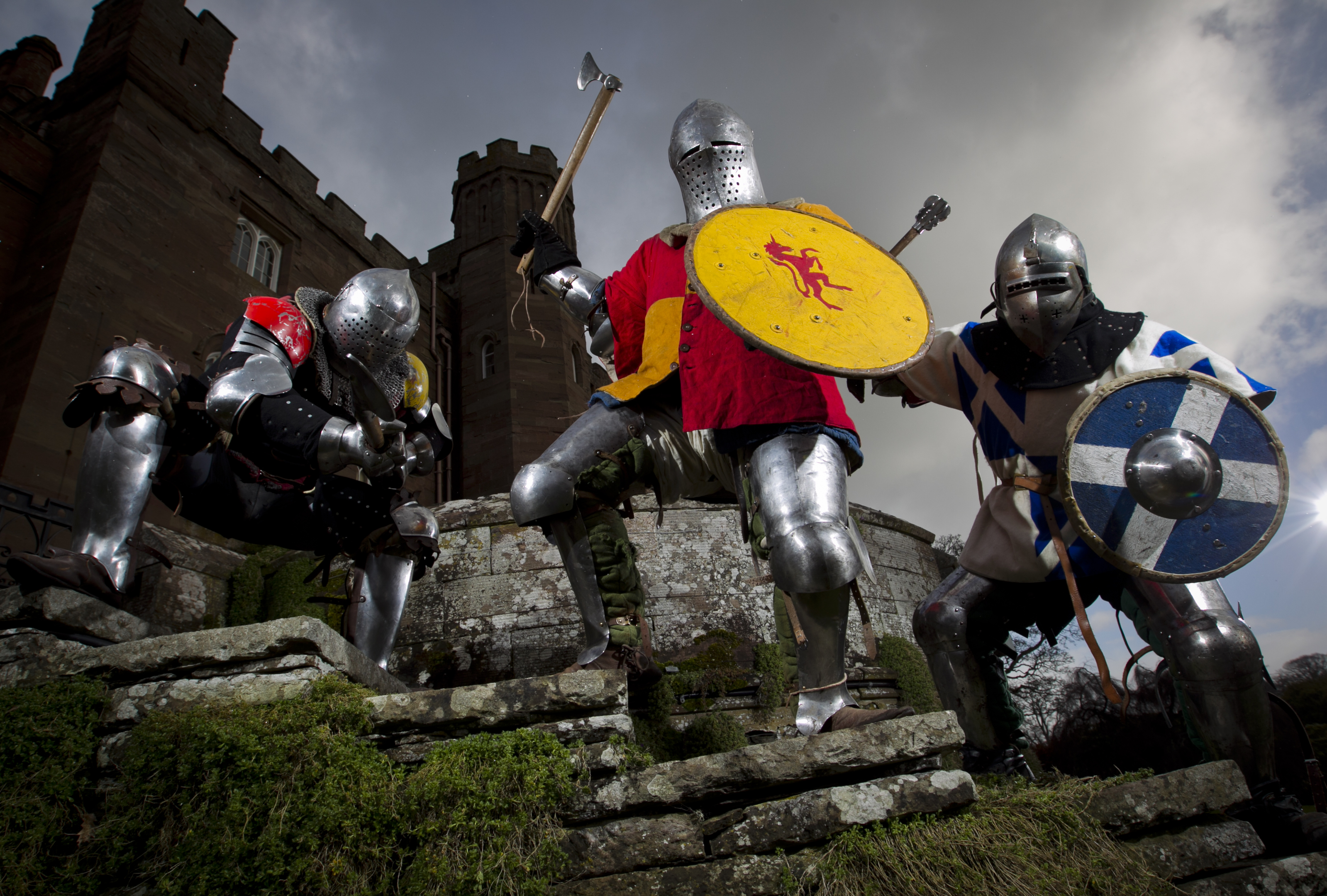 Members of the Scottish Knight League, in training at Scone Palace, as they will be competing at the International Medievel Combat Federation World Championships at Scone Palace in May this year. (Ryan Fitzpatrick, Euan Campbell (captain), Ralph Campbell-Smith) (Andrew Cawley/DC Thomson)