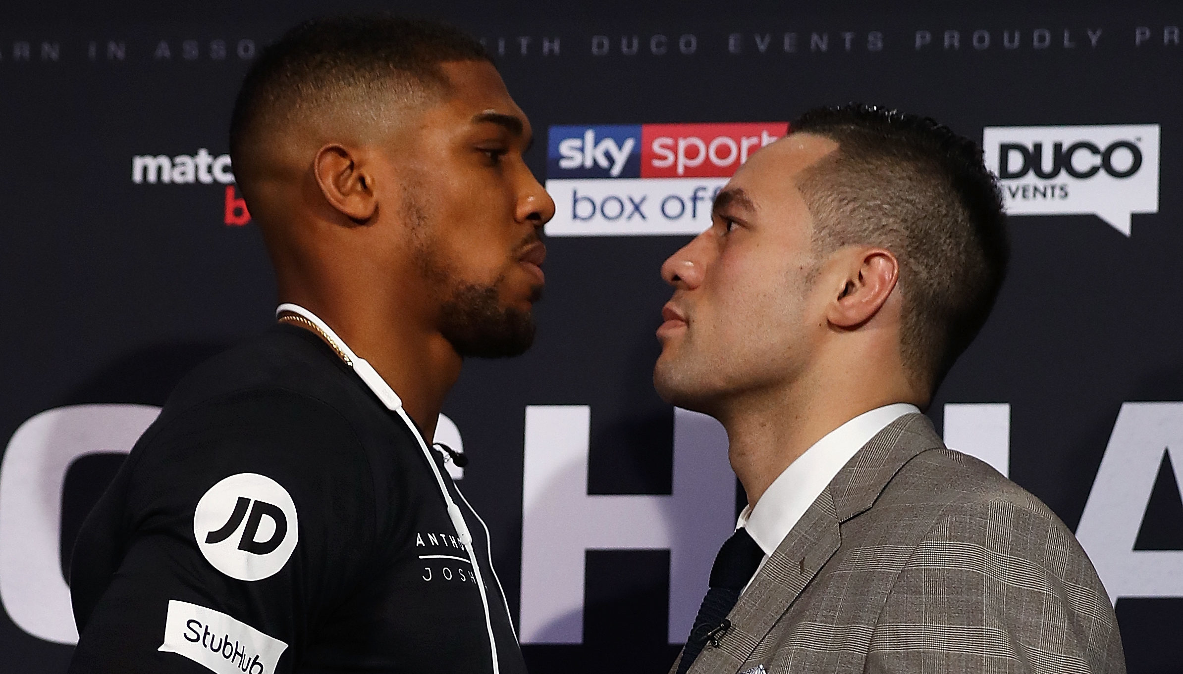 Anthony Joshua of Great Britain and Joseph Parker of New Zealand go head to head during a press conference (Bryn Lennon/Getty Images)
