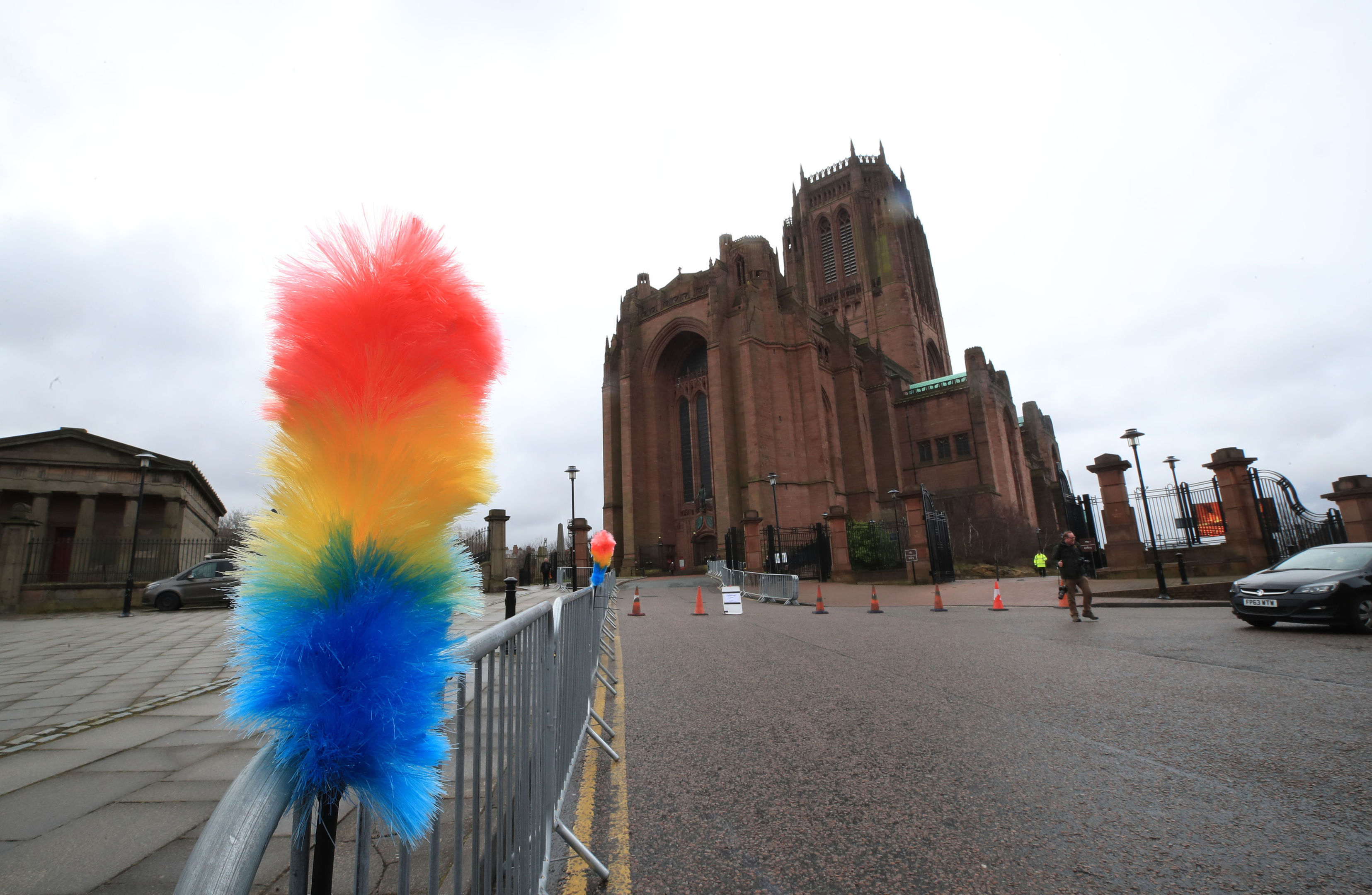 Tickling sticks in place ahead of the funeral service of Sir Ken Dodd at Liverpool Anglican Cathedra (Peter Byrne/PA Wire)