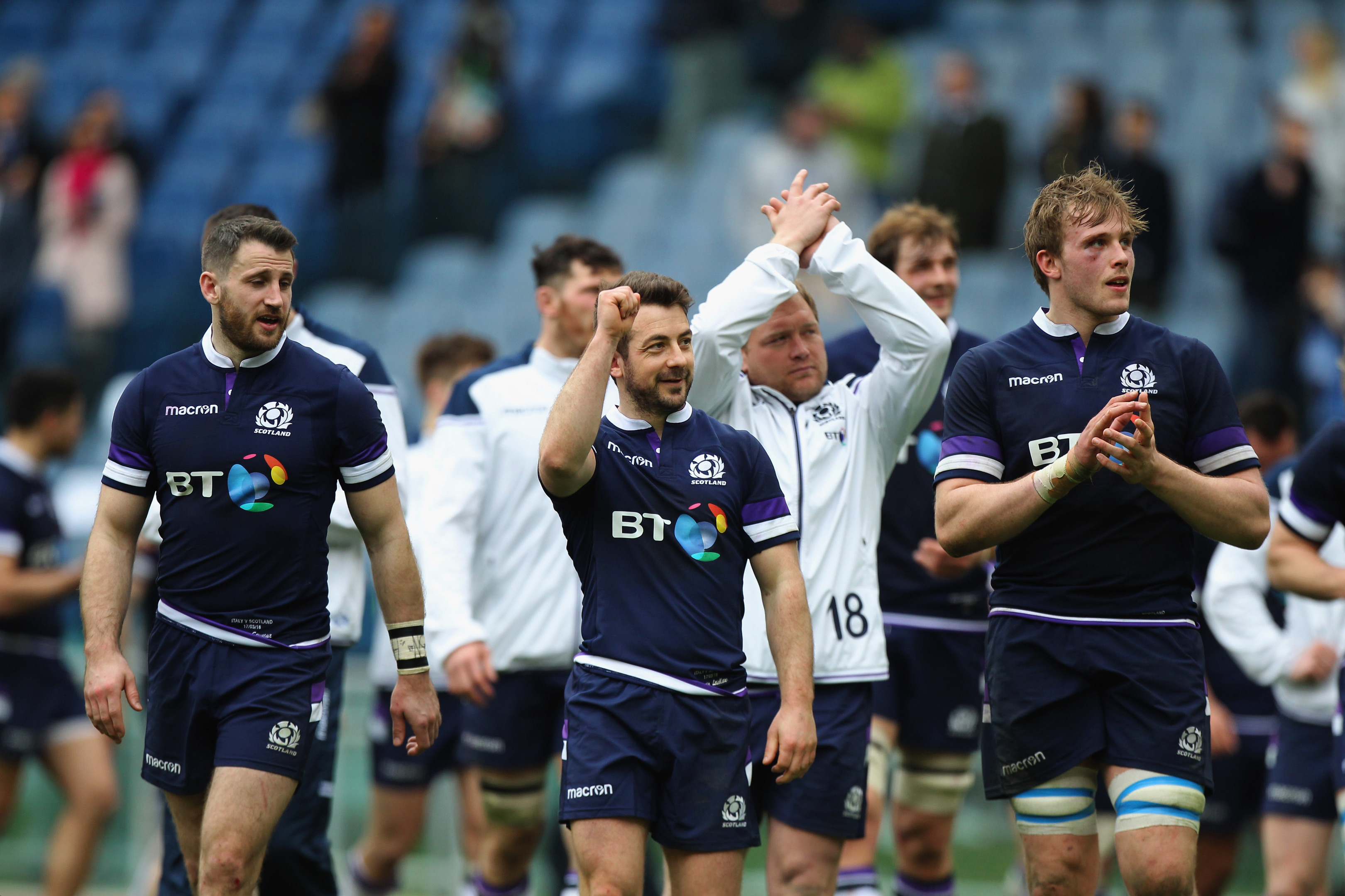 Greig Laidlaw with his teammates of Scotland celebrates the victory after the NatWest Six Nations match between Italy and Scotland at Stadio Olimpico on March 17, 2018 in Rome, Italy. (Paolo Bruno/Getty Images)