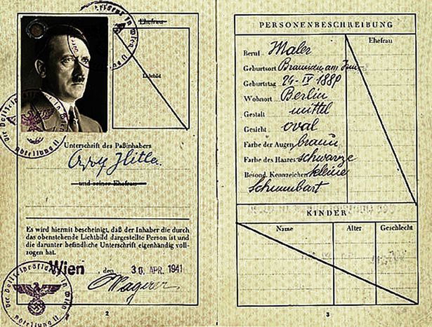 A fake passport for Adolf Hitler produced by the forgery team to showcase their skills