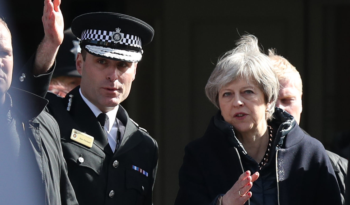Prime Minister Theresa May, with Wiltshire Police Chief Constable Kier,  in Salisbury as she views the area of the suspected nerve agent attack on Russian double agent Sergei Skripal and his daughter Yulia (Andrew Matthews/PA Wire)
