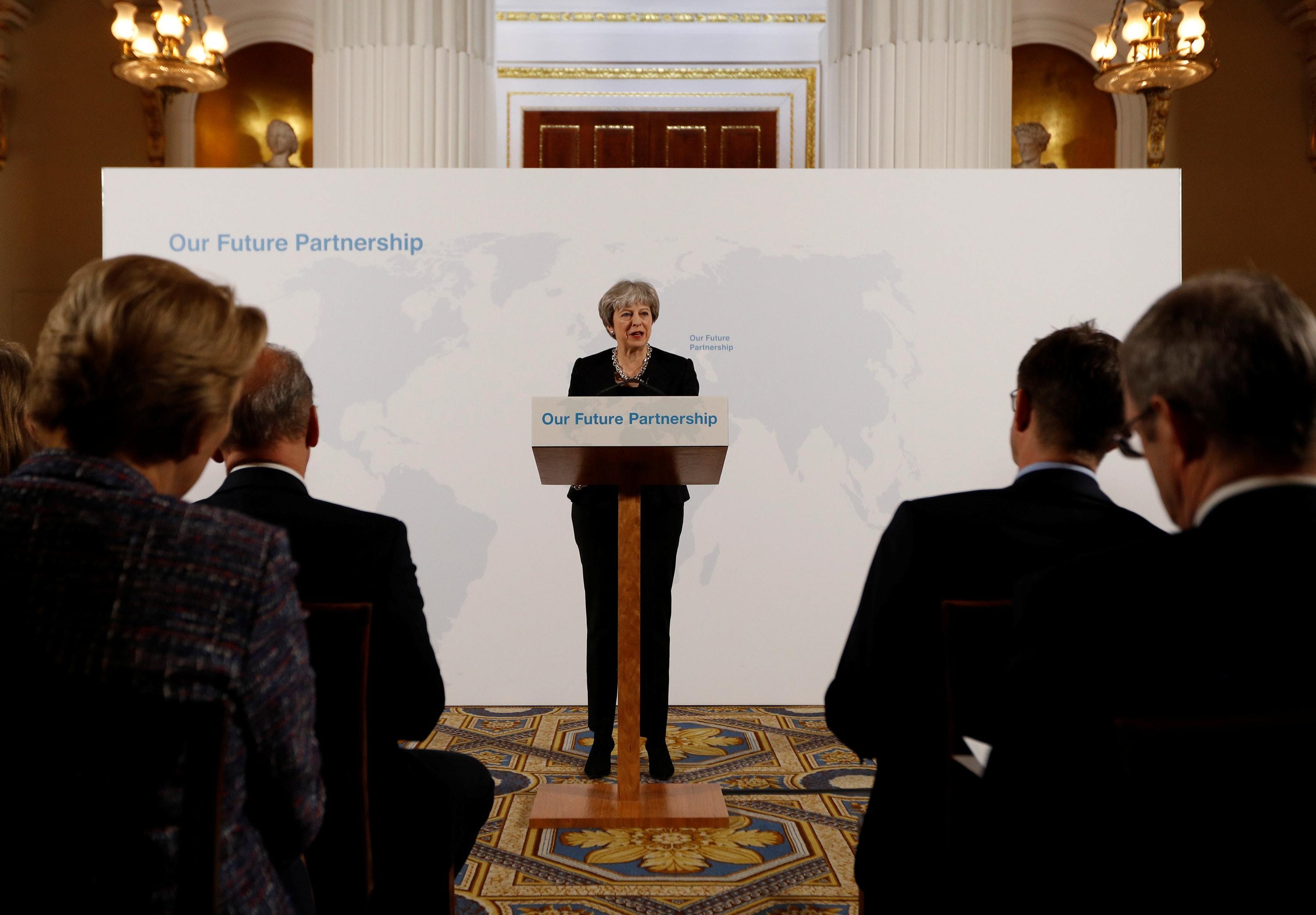 Prime Minister Theresa May delivers a speech at the Mansion House in London on the UK’s economic partnership with the EU after Brexit. (PA)