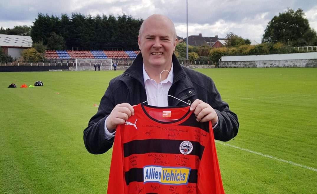 Sean with his signed Maryhill FC shirt at Glasgow’s Lochburn Park