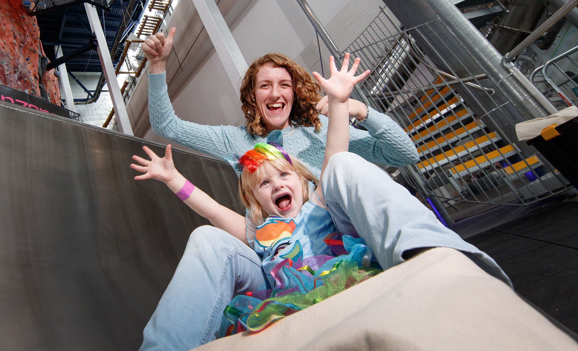 Two-year-old Eva Mitchell and her mum, Ruth from Kirkintilloch were one if the first to try out The Big Slide in Soar at intu Braehead