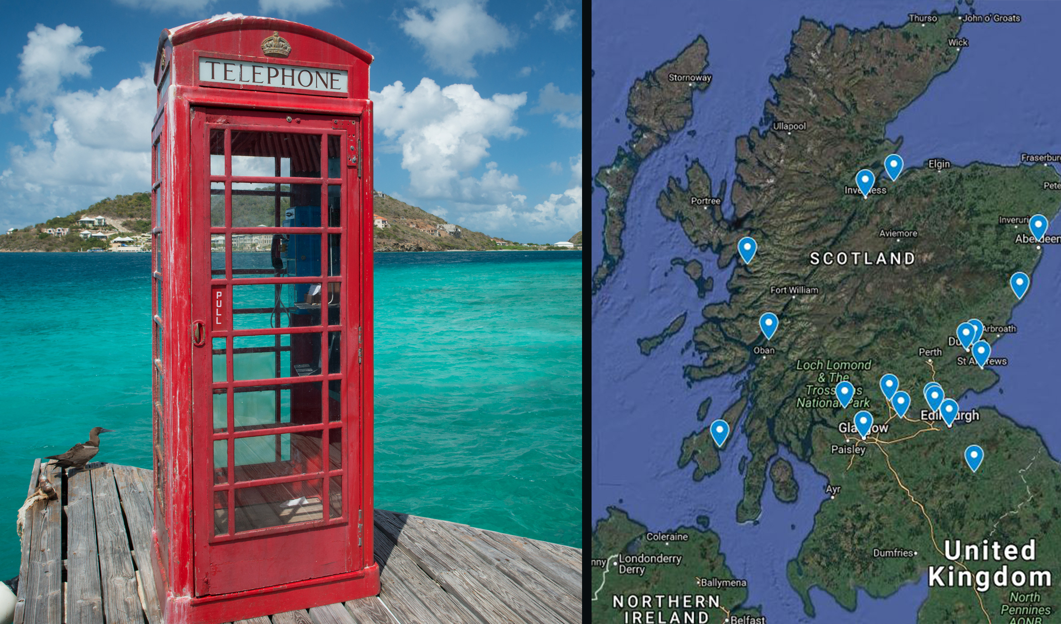 Marina Cay in the British Virgin Islands (left) and some of the properties in Scotland mapped