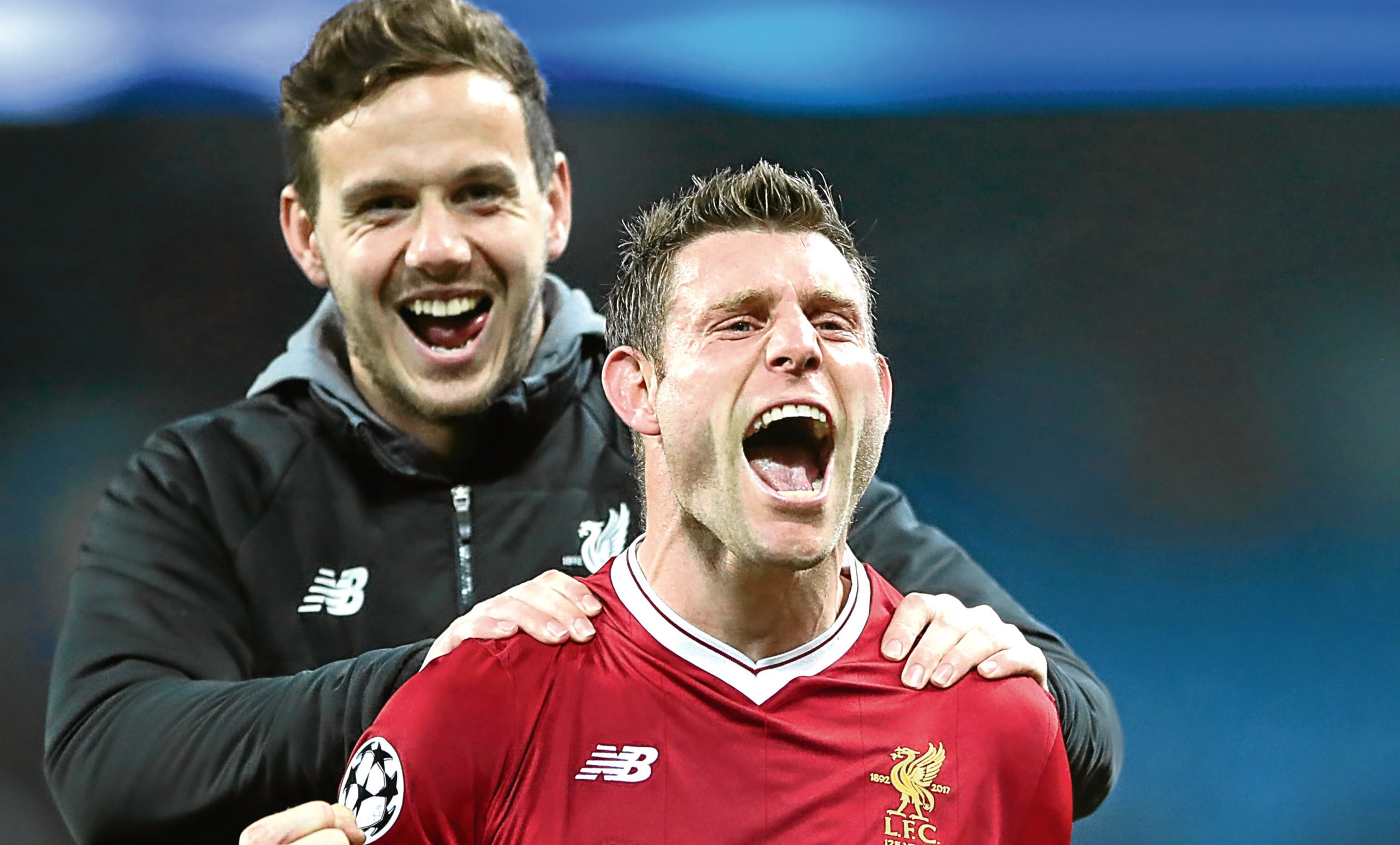 Liverpool's James Milner and Danny Ward celebrate victory after the Champions League, Quarter Final (Nick Potts/PA Wire)