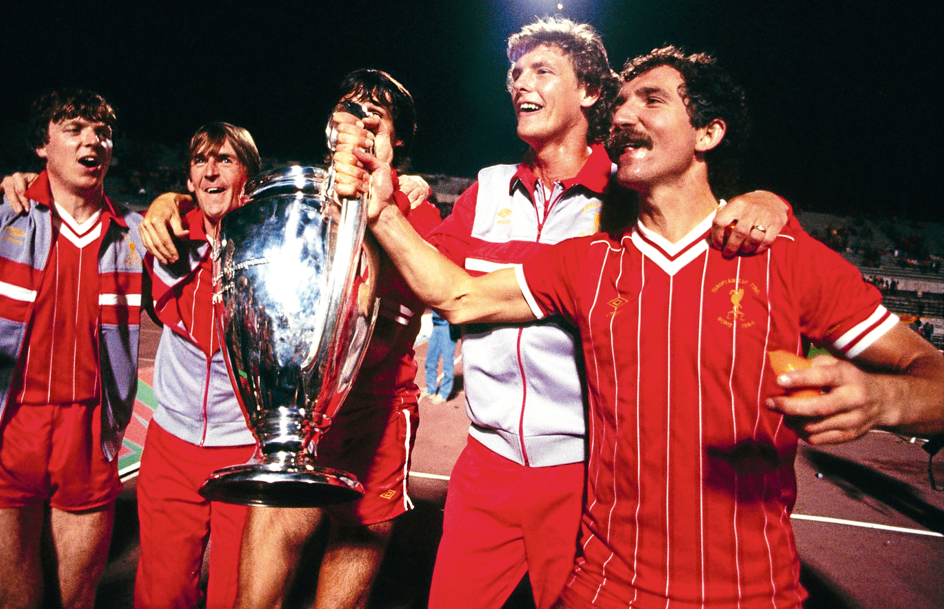 Liverpool’s Scots (from left) Steve Nicol, Kenny Dalglish, Alan Hansen, Gary Gillespie and Graeme Souness celebrate the European Cup Final win over Roma in their own backyard back in 1984 (Liverpool FC via Getty Images)
