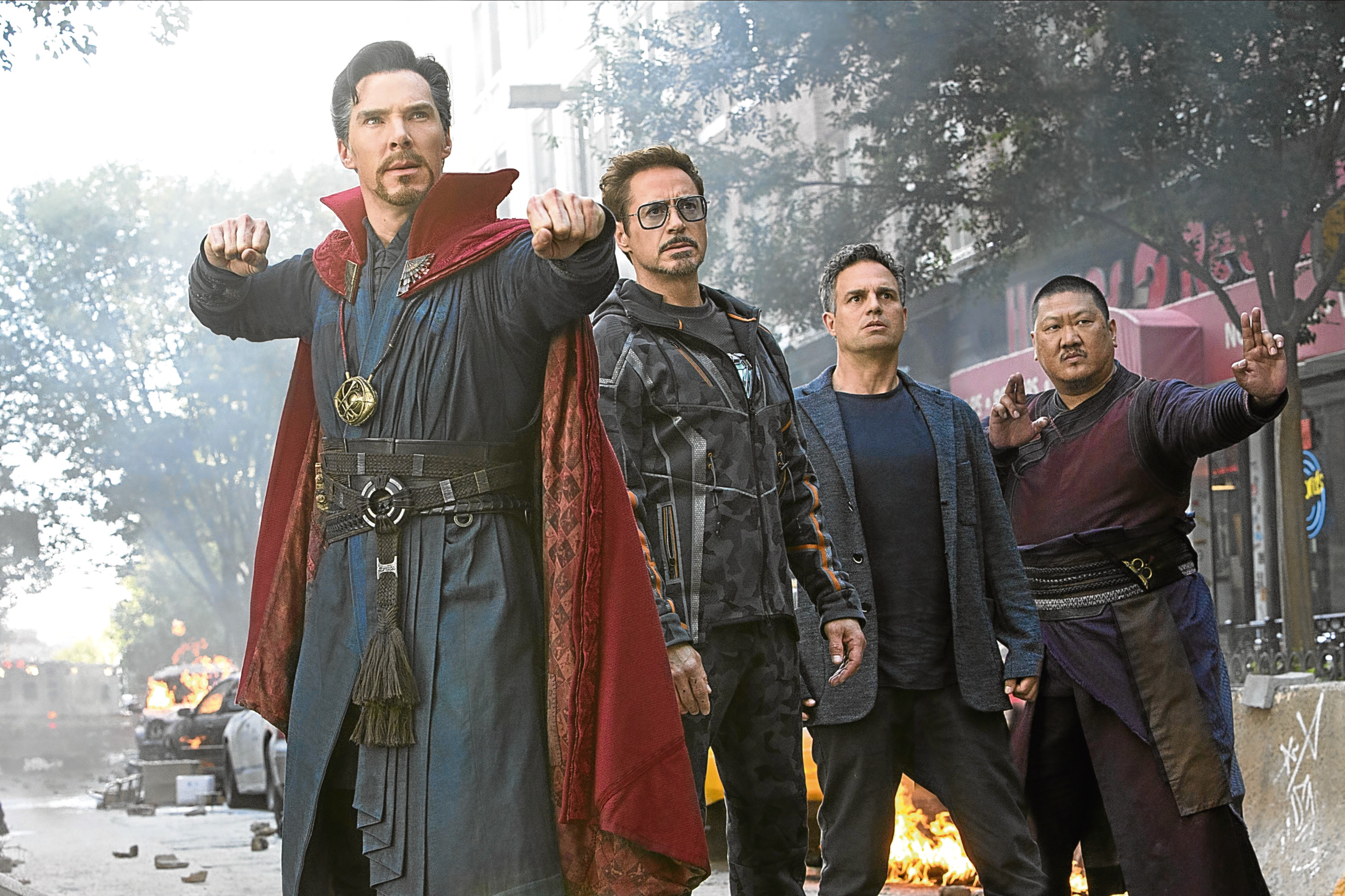 Getting ready to rumble in Avengers: Infinity War are (from left) Benedict Cumberbatch (Doctor Stephen Strange), Robert Downey Jr (Tony Stark/Iron Man), Mark Ruffalo (Bruce Banner/Hulk) and Benedict Wong (Wong) (MARVEL STUDIOS/DISNEY)