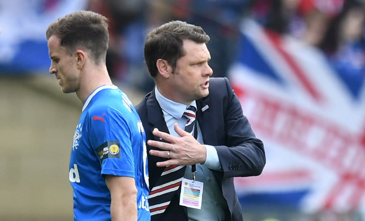 Rangers' Andy Halliday is frustrated as he is subbed in the first half in the semi-final (SNS Group / Craig Williamson)