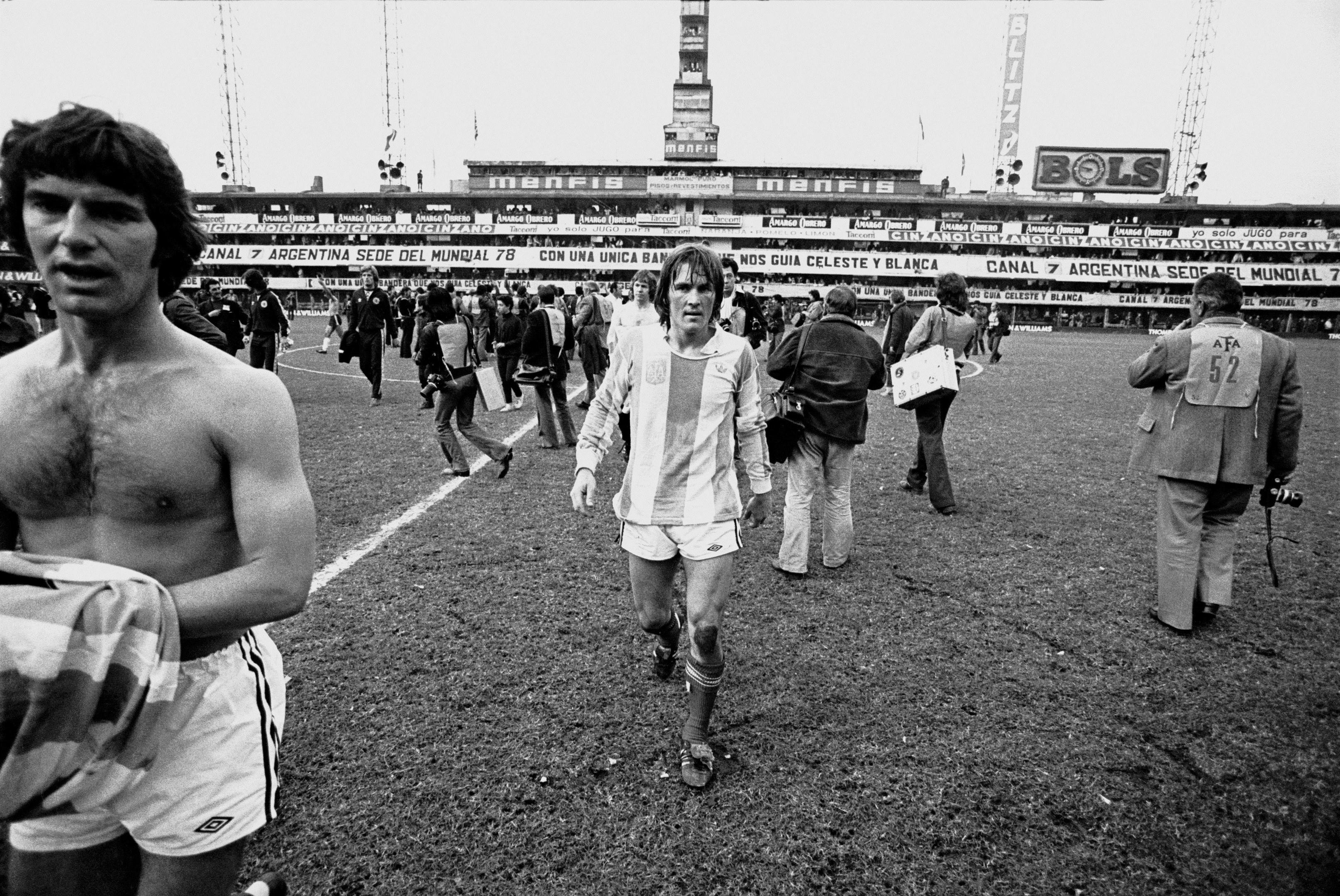 Kenny Dalglish, complete with Argentina top, comes off the pitch after a torrid friendly in Buenos Aires in 1977. Team-mate Martin Buchan of Manchester United is on the left (EMPICS Sport)