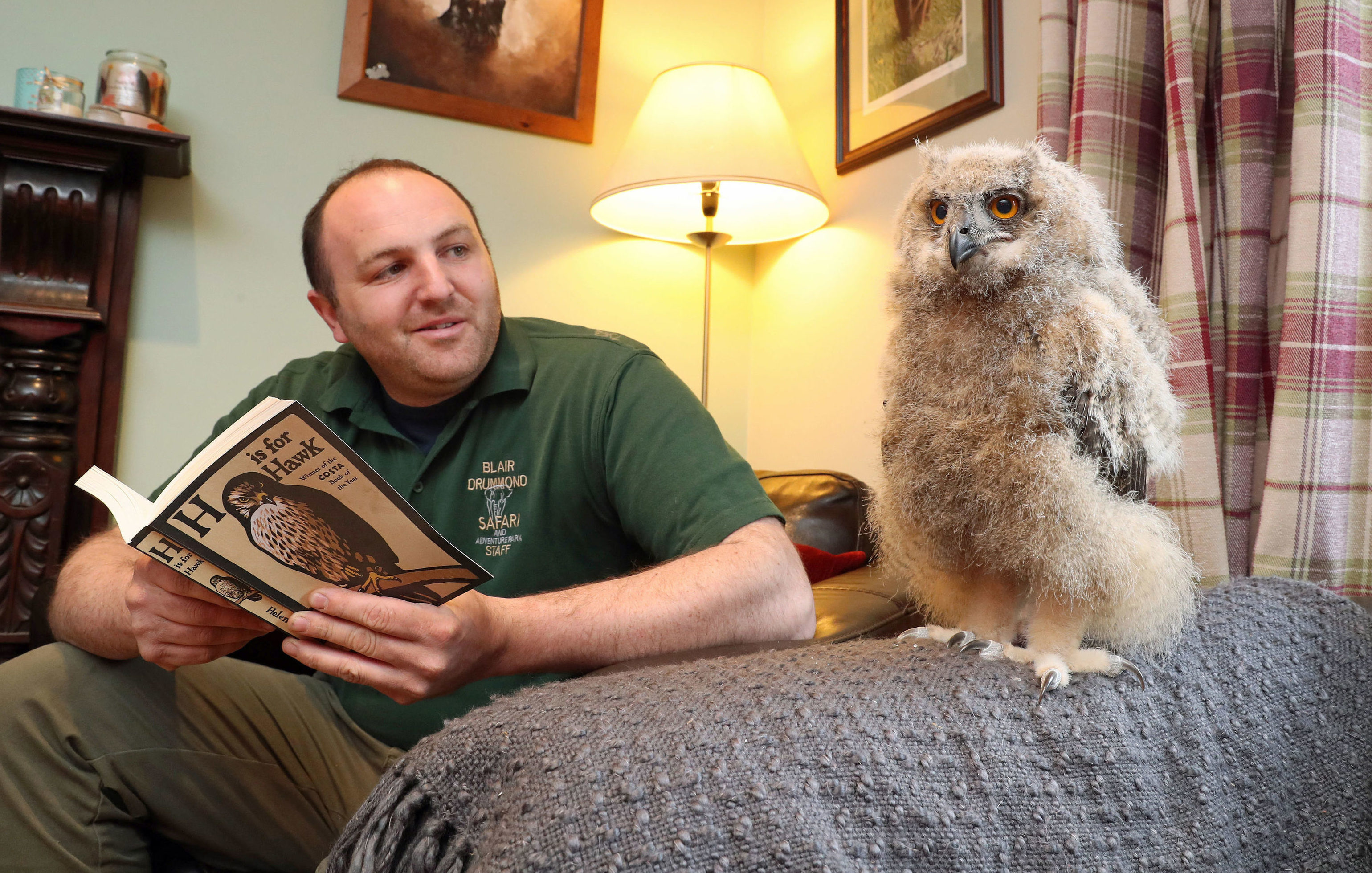 Benedict, the European eagle owl chick from Blair Drummond Safari Park near Stirling, at home with his keeper Dave Warren (Andrew Milligan/PA Wire)