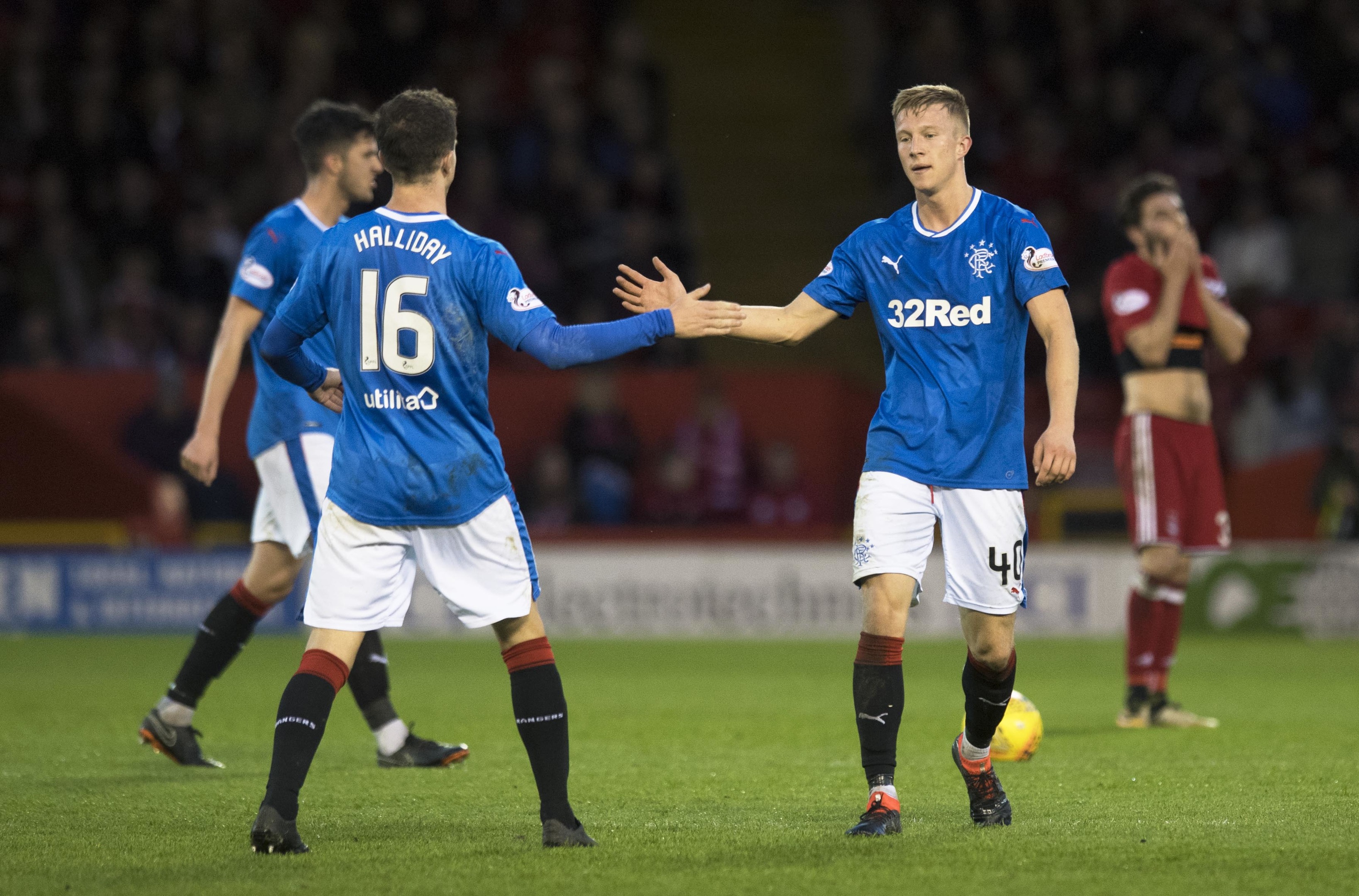 Rangers Ross McCrorie (R) celebrates his goal against Aberdeen with teammate Andy Halliday (SNS Group / Craig Williamson)