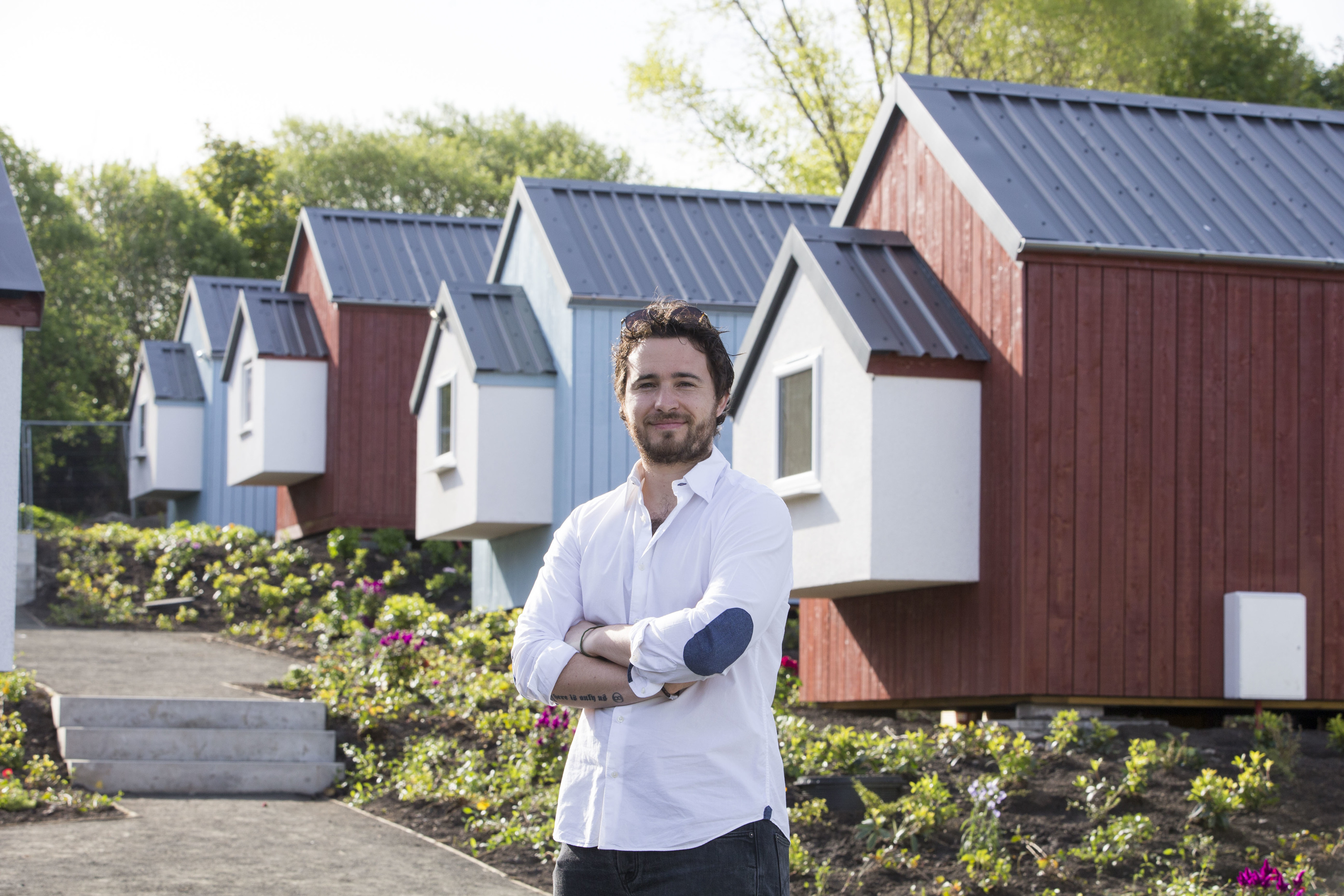 Josh Littlejohn, Social Bite co-founder in front of NestHouses at the Social Bite Village (Jeff Holmes/PA Wire)