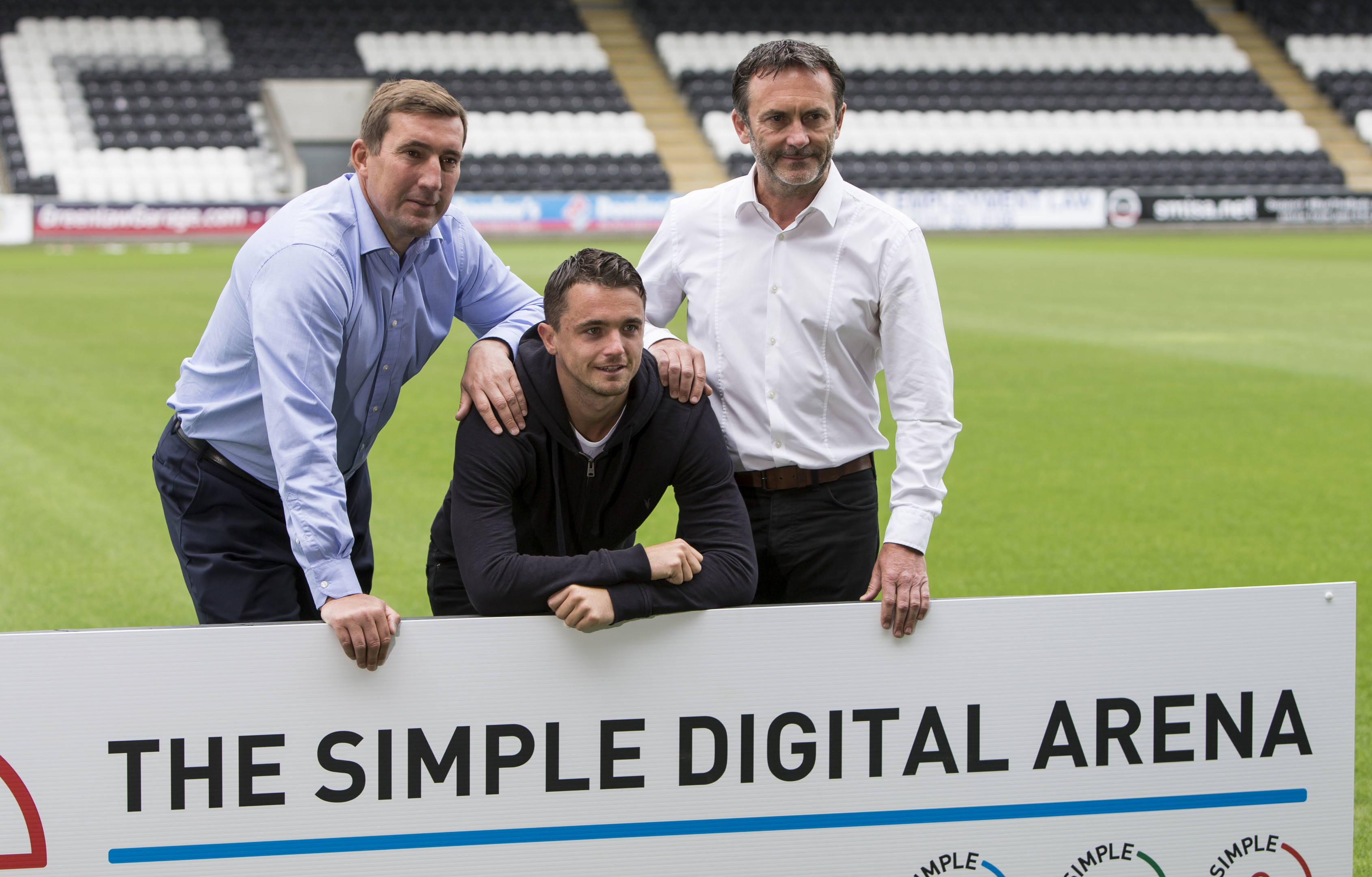 St Mirren manager Alan Stubbs, captain Stephen McGinn and chairman Gordon Scott are on hand as the club announce that the stadium will be renamed The Simple Digital Arena (SNS Group)