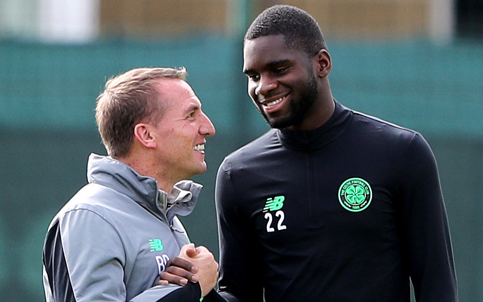 Celtic manager Brendan Rodgers with Odsonne Edouard (right) during a training session (PA)