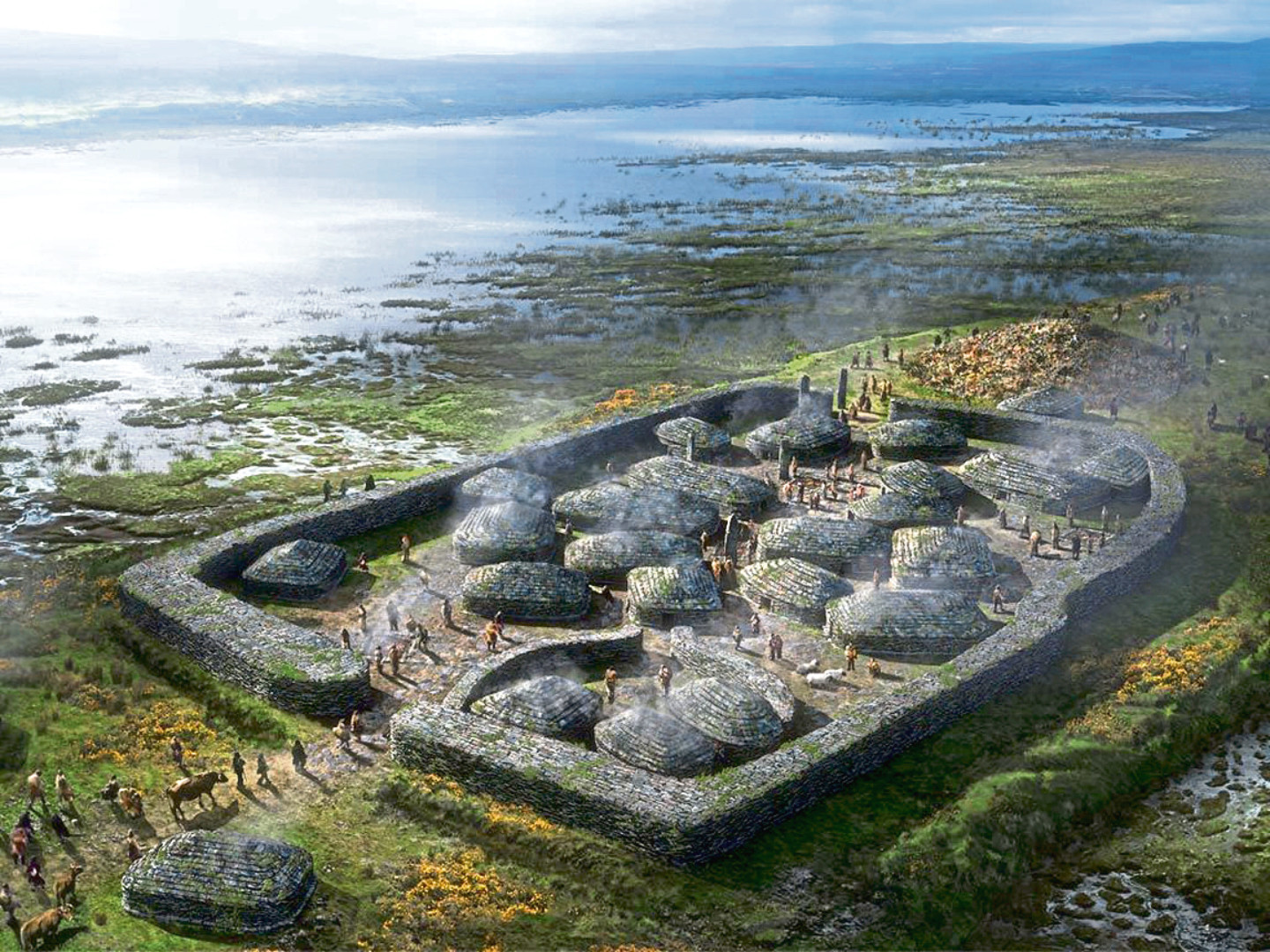 An artist's impression of how life would have looked at the Orkney site.