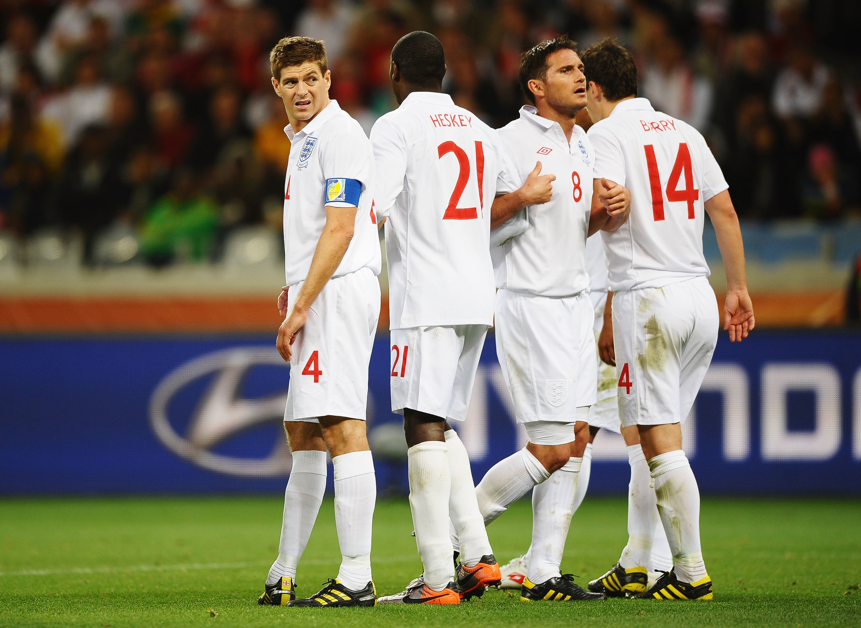Steven Gerrard, Emile Heskey, Frank Lampard and Gareth Barry of England line up in a wall during the 2010 FIFA World Cup (Laurence Griffiths/Getty Images)