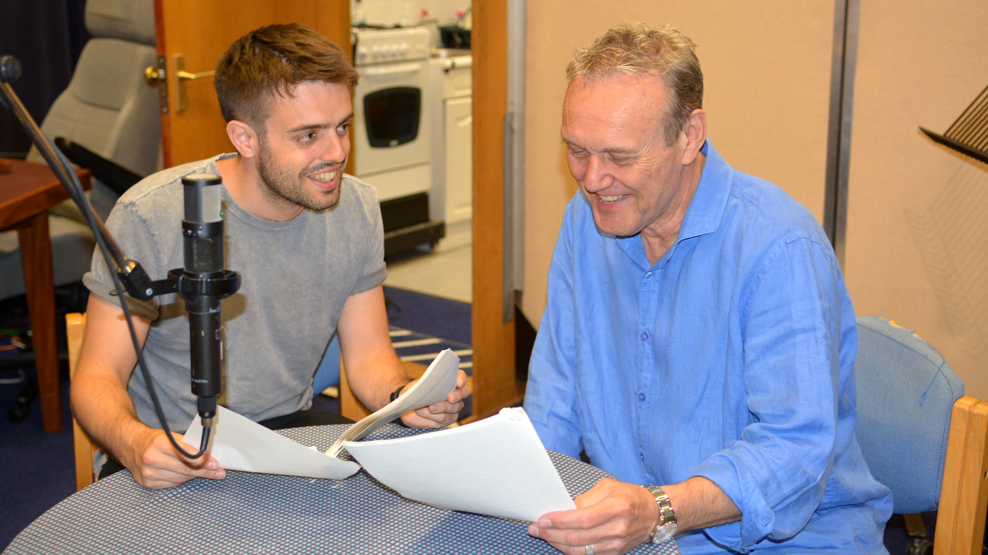 Anthony Head (right) with Rhys Bevan during a recording of the BBC Radio 4 soap, The Archers (The Archers/PA Wire)