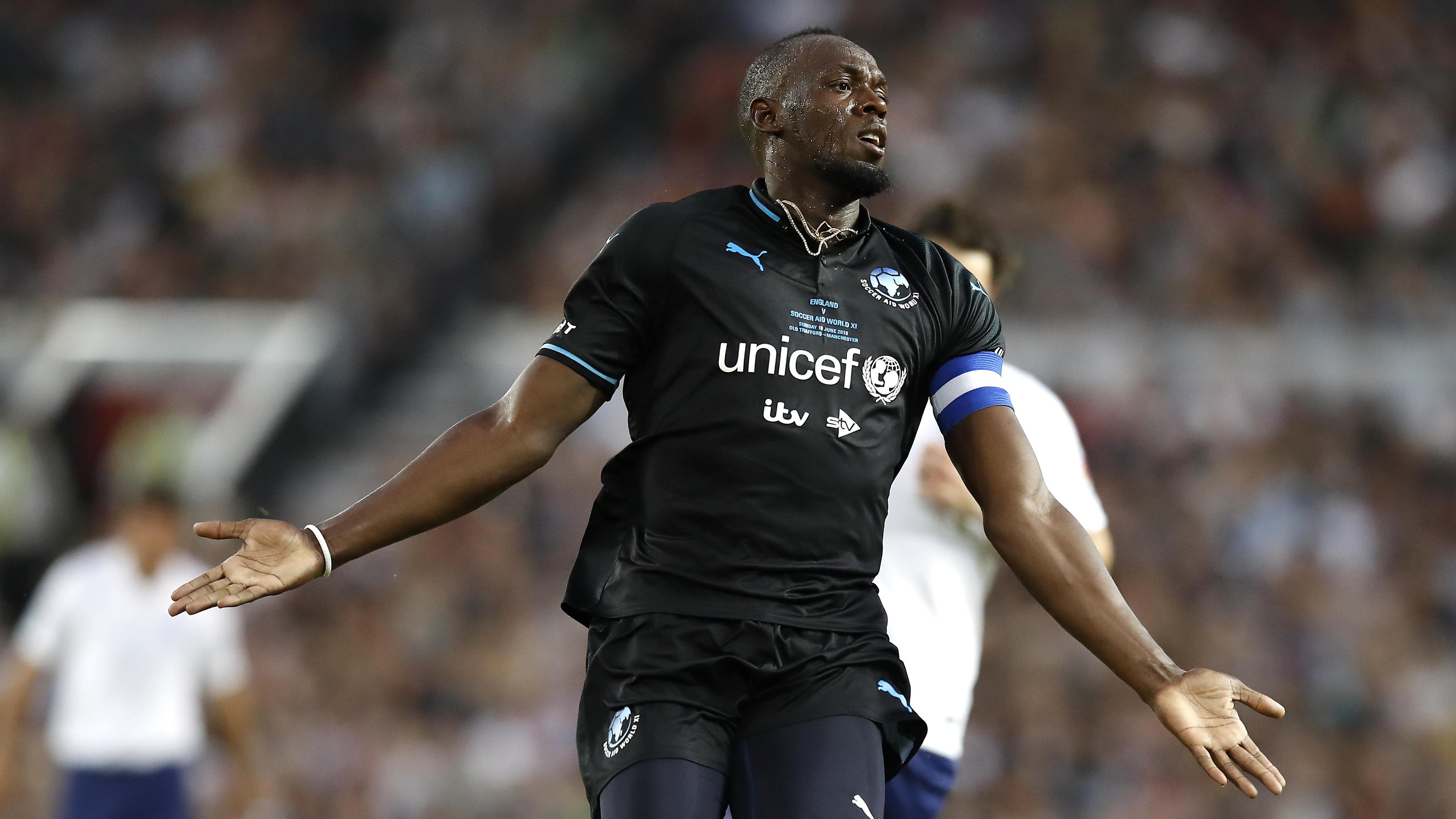 Usain Bolt in action at Soccer Aid