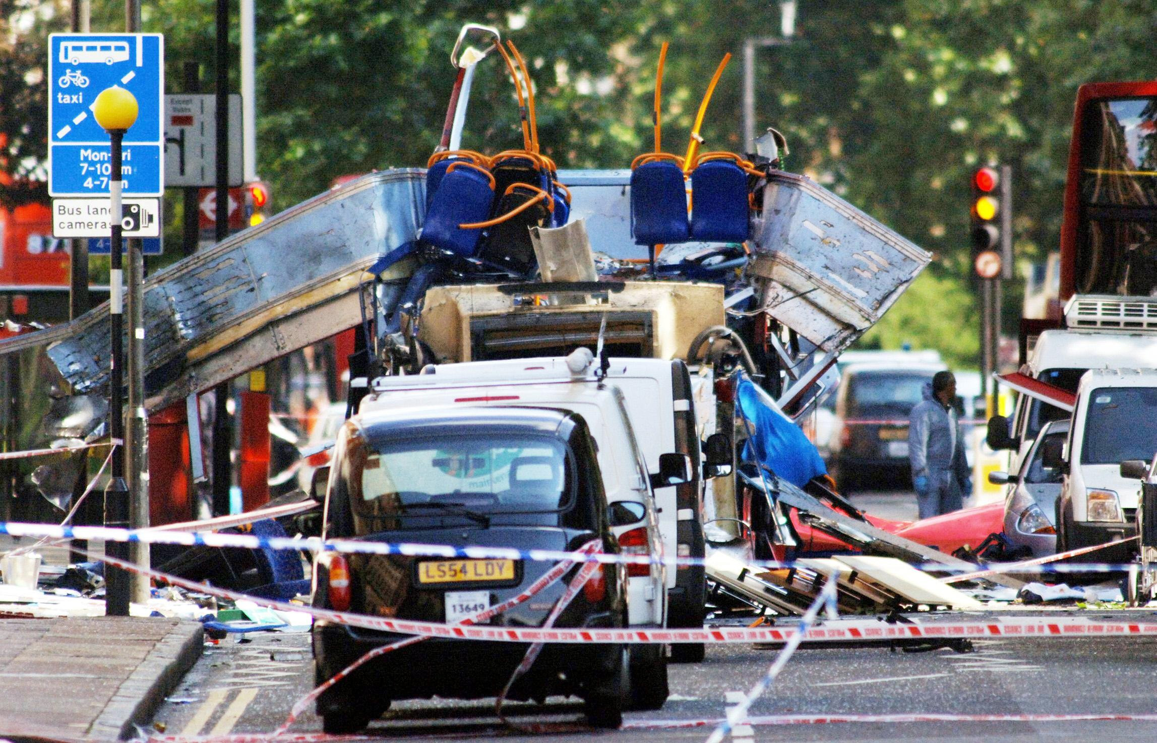 The scene in Tavistock Square, Central London, after a bomb ripped through a double decker bus in 2005 (PA)
