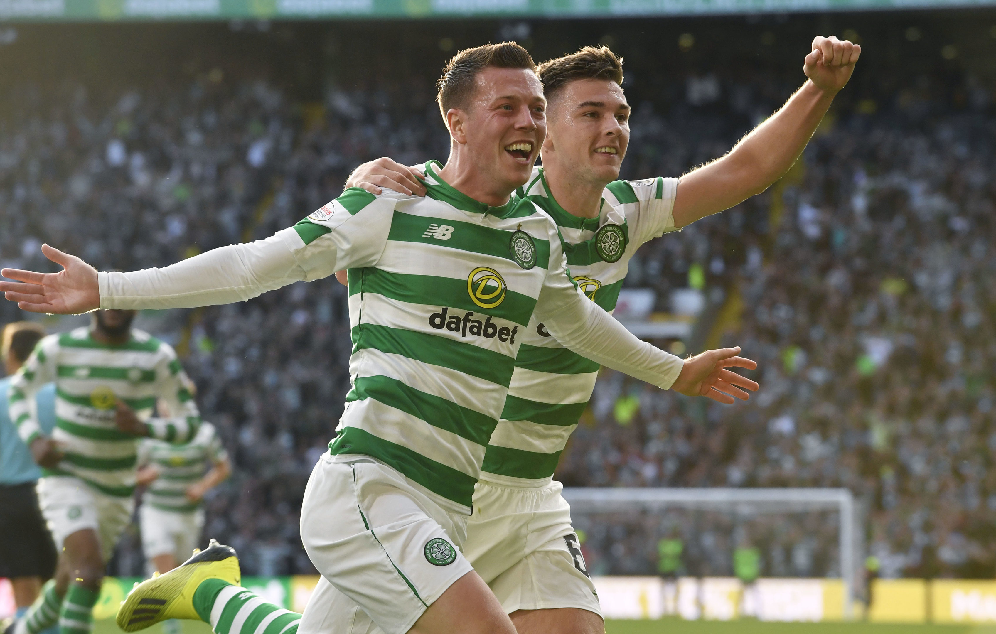 Celtic's Callum McGregor celebrates his goal with Kieran Tierney (right) (SNS Group)