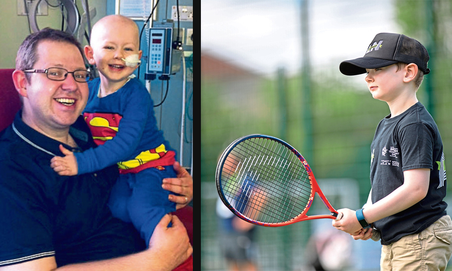 Calum Lambert, pictured left with his dad Derek, had a lifesaving stem-cell transplant and recently competed at the British Transplant Games (right)