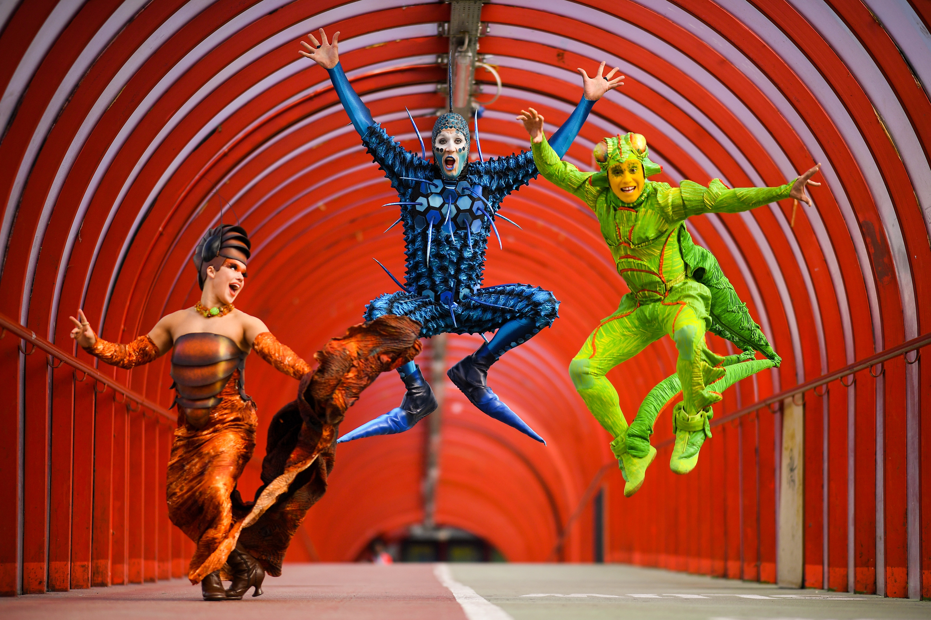 Cirque Du Soleil cast members Julia Tazie from Brazil, Jan Duther from Switzerland and Nathan Rivera-Drydak from Canada in the famous Exhibition Centre tunnel (Jeff J Mitchell/Getty Images)