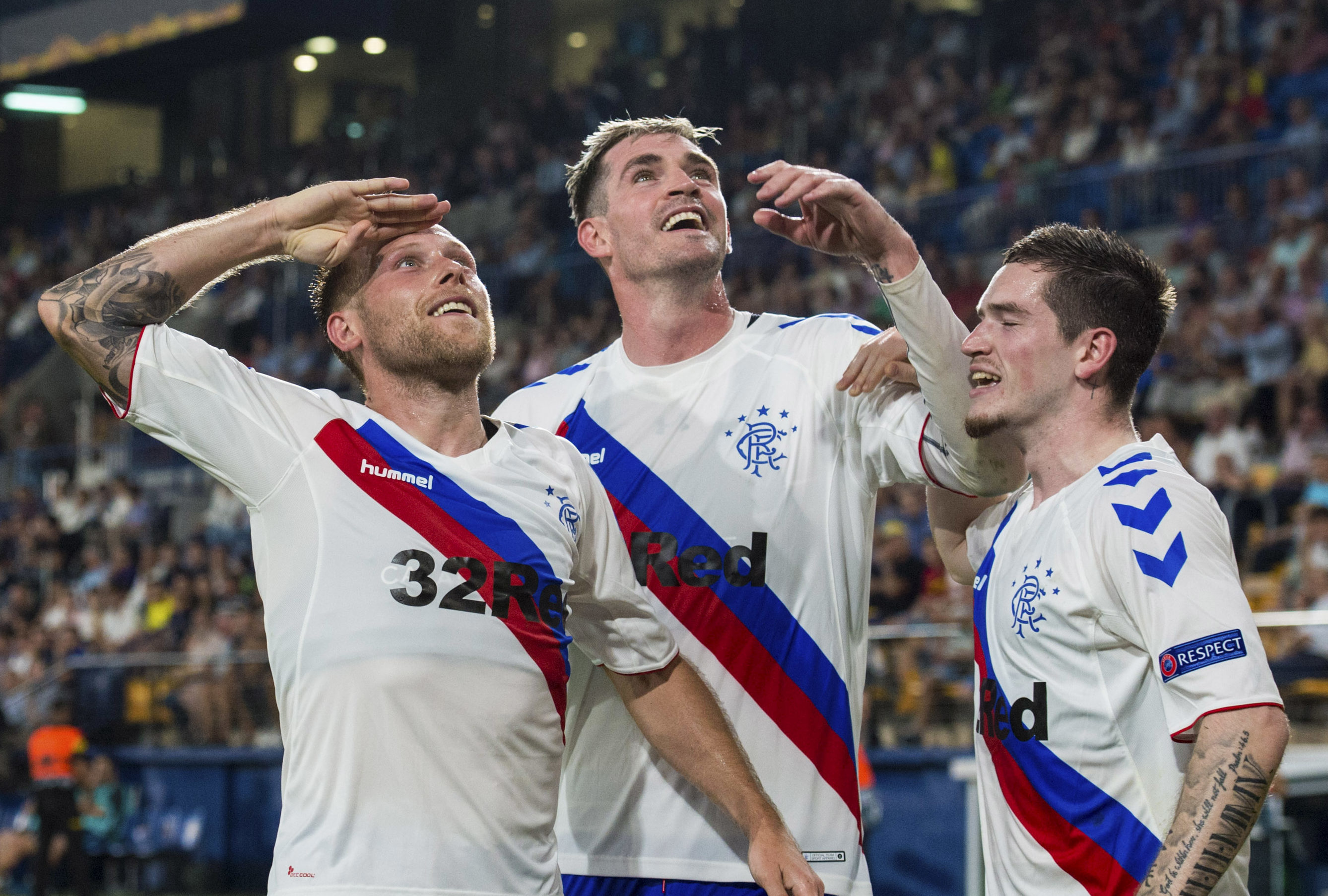 Loan star Ryan Kent (right) with Scott Arfield and Kyle Lafferty in the 2-2 draw with Villarreal (SNS Group)