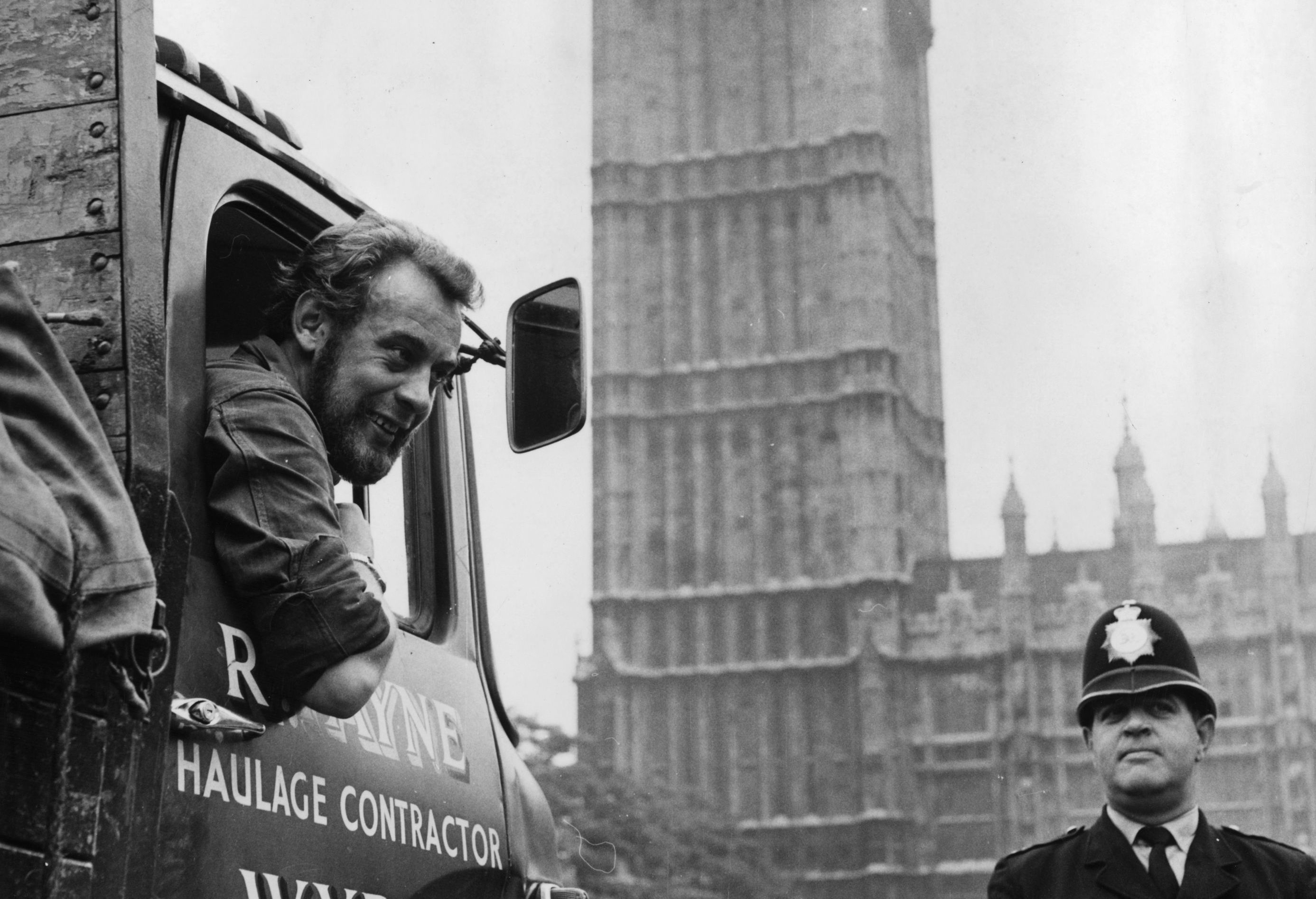 Les Huckfield, the youngest member of the house, in a lorry at the Houses of Parliament in 1967. (Keystone/Getty Images)