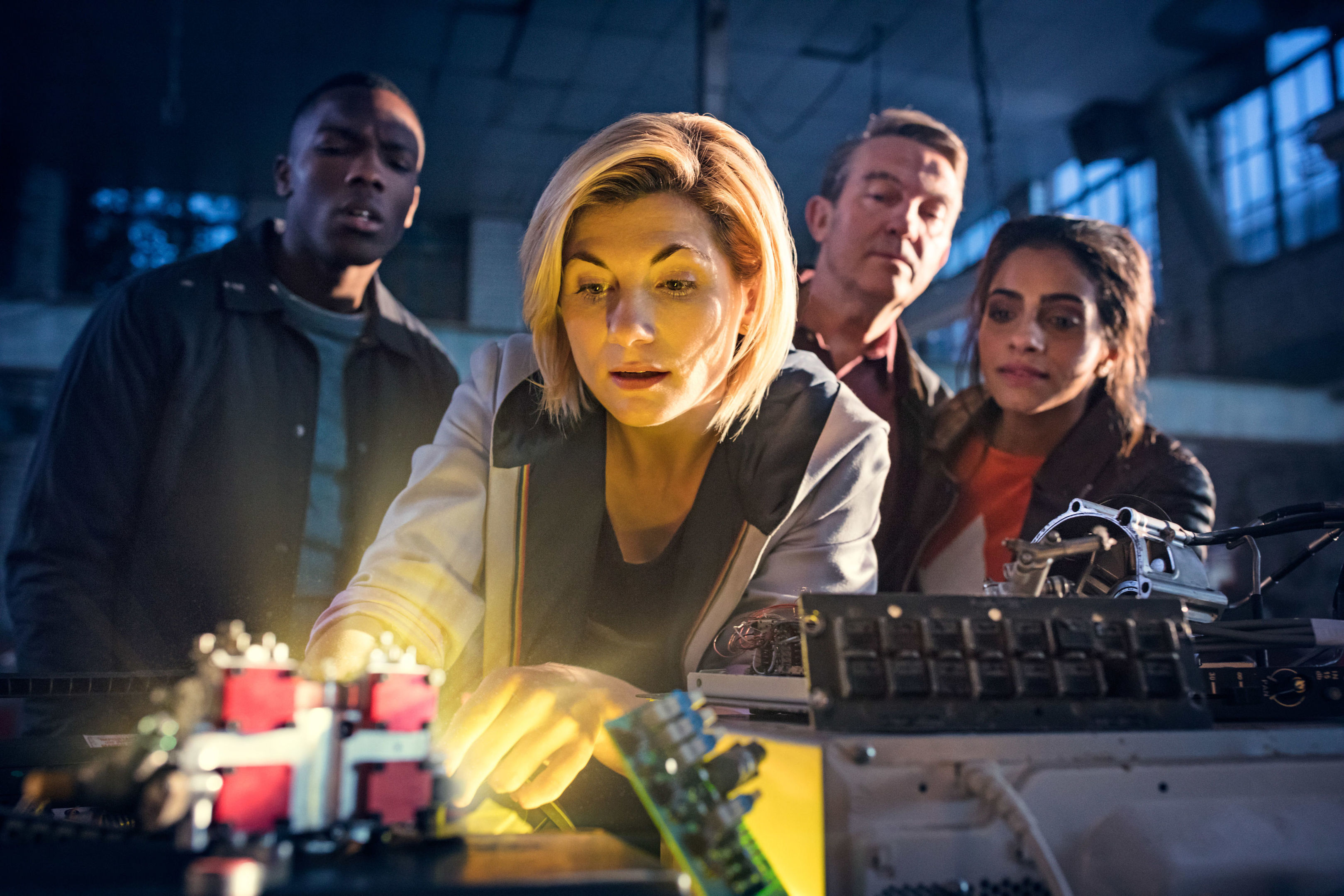 Jodie Whittaker as The Doctor (centre), Bradley Walsh as Graham (second right) and Mandip Gill as Yaz (first right) (Sophie Mutevelian/PA Wire)