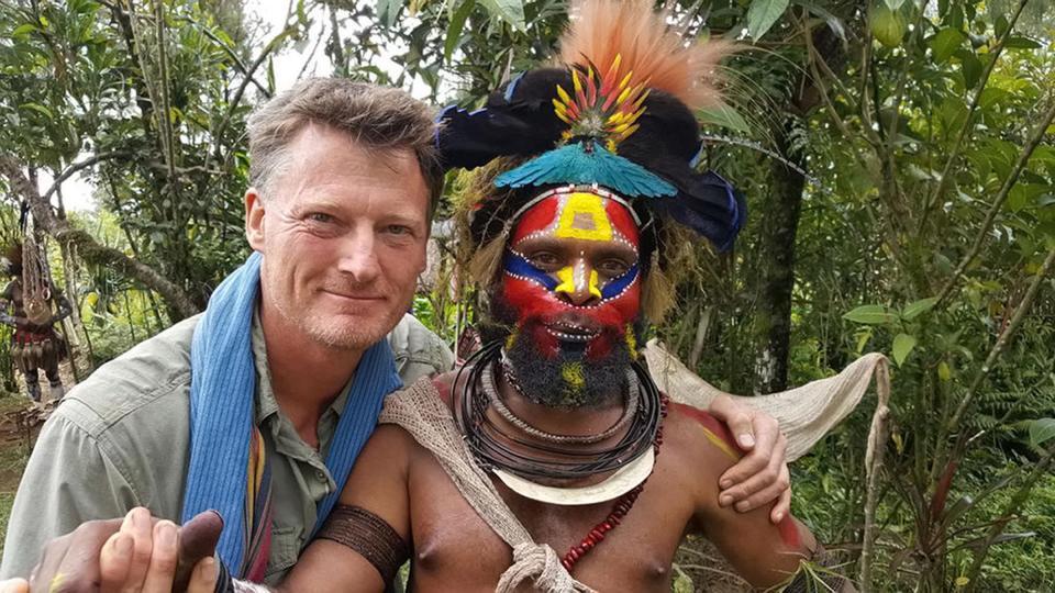 Benedict Allen with an indigenous tribesman in Papua New Guinea