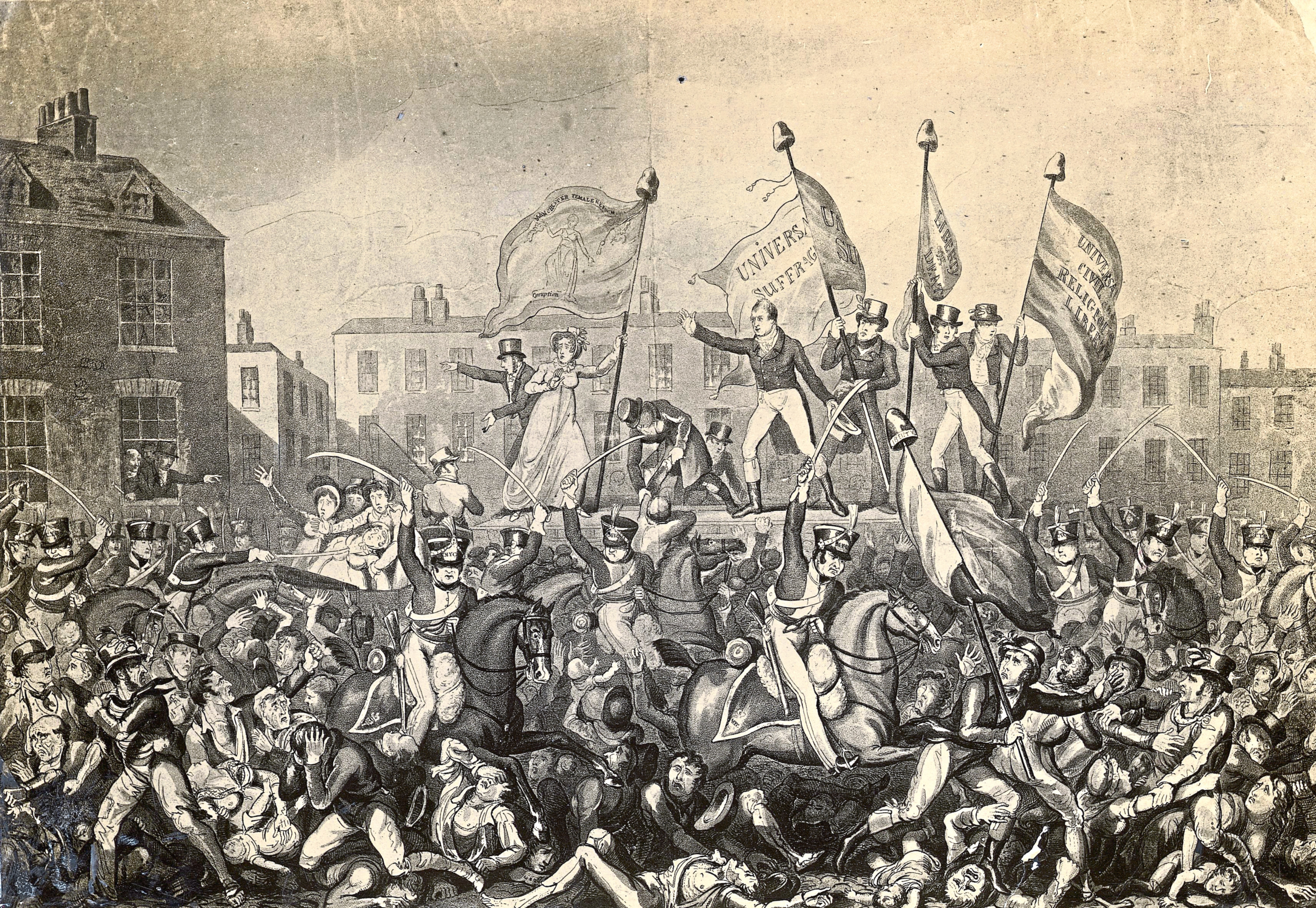 This contemporary cartoon shows cavalry charging crowds during the Peterloo Massacre in Manchester   (Rischgitz/Getty Images)