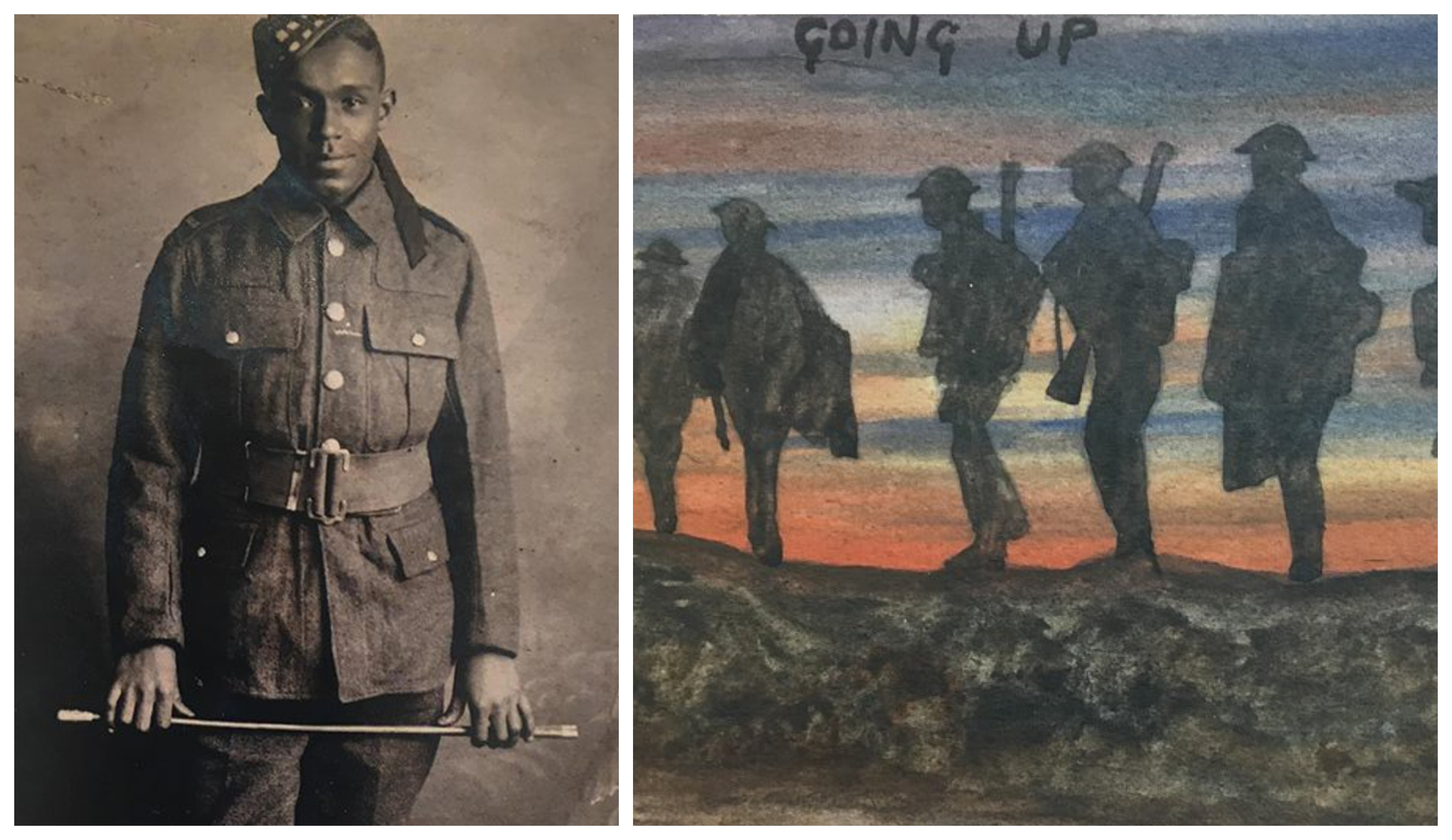 Arthur Roberts, left, and one of the frontline drawings taken from soldier’s diary which was found years later in an attic