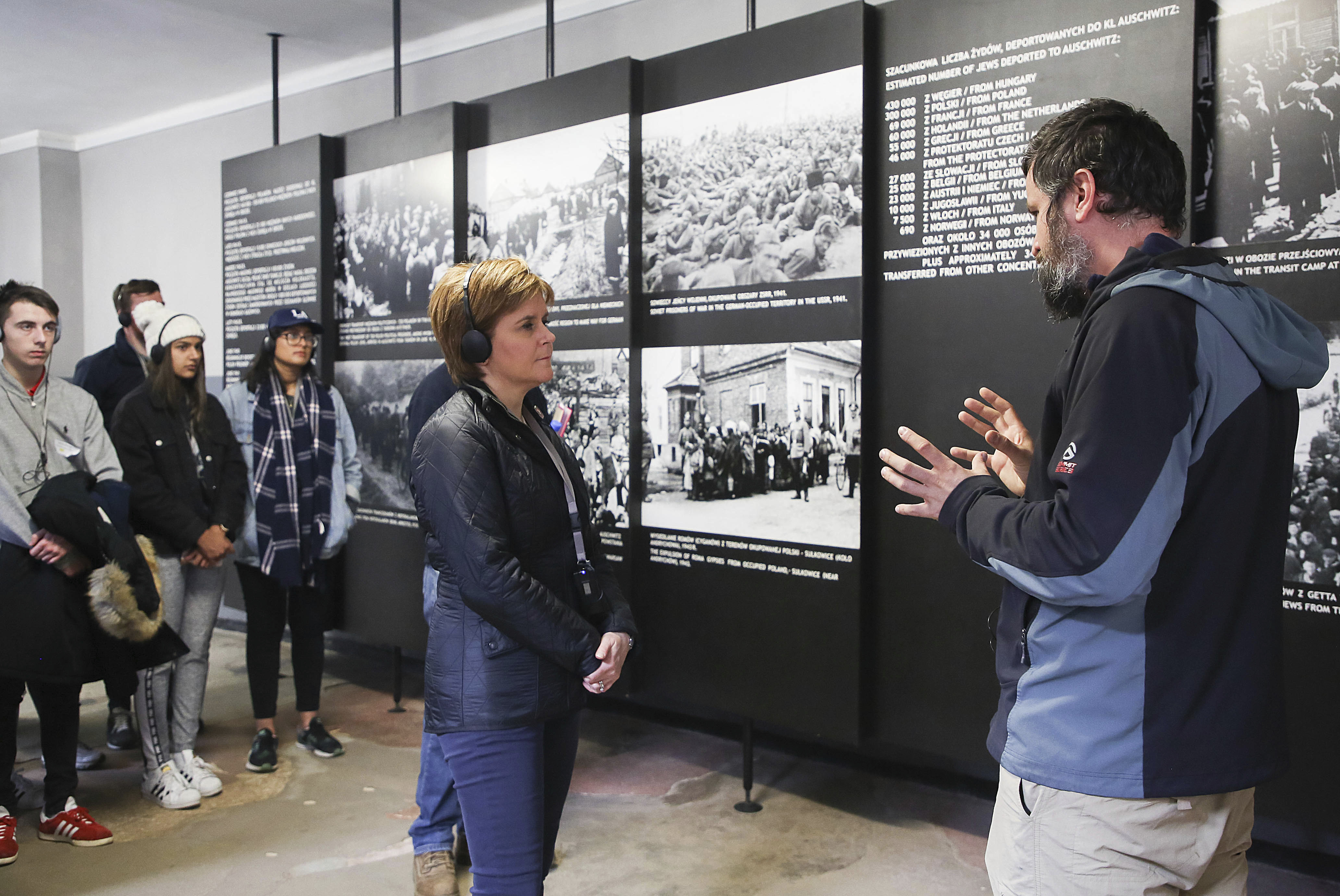 Scotland's First Minister Nicola Sturgeon is guided during her visit to Auschwitz-Birkenau (AP Photo/Beata Zawrzel)
